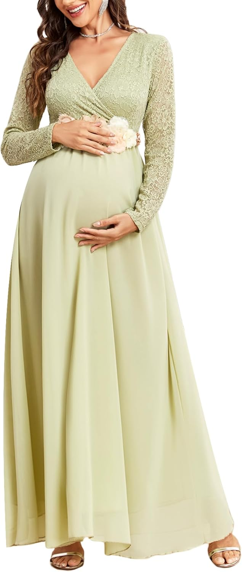 CYCLAMEN Maternity Dress Flowy A-Line Wrap Gown with Floral Lace and Contrast Chiffon Long Sleeve V Neck for Baby Shower image number 5