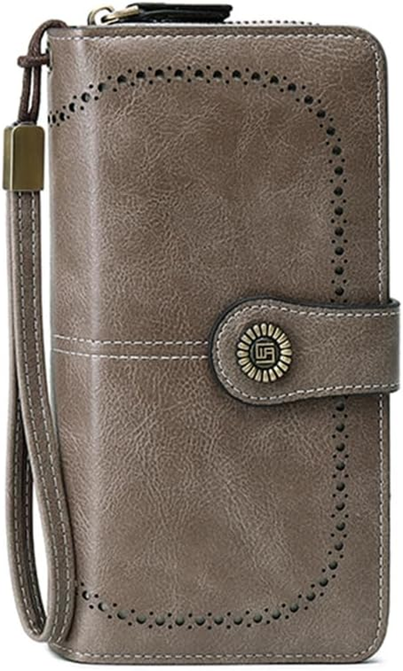 Women Long Wallet Retro Oil Wax Leather Hollowing Out Purse RFID Blocking Credit Card Holder Cute Ladies Girl Travel-Black - Brown image number 2