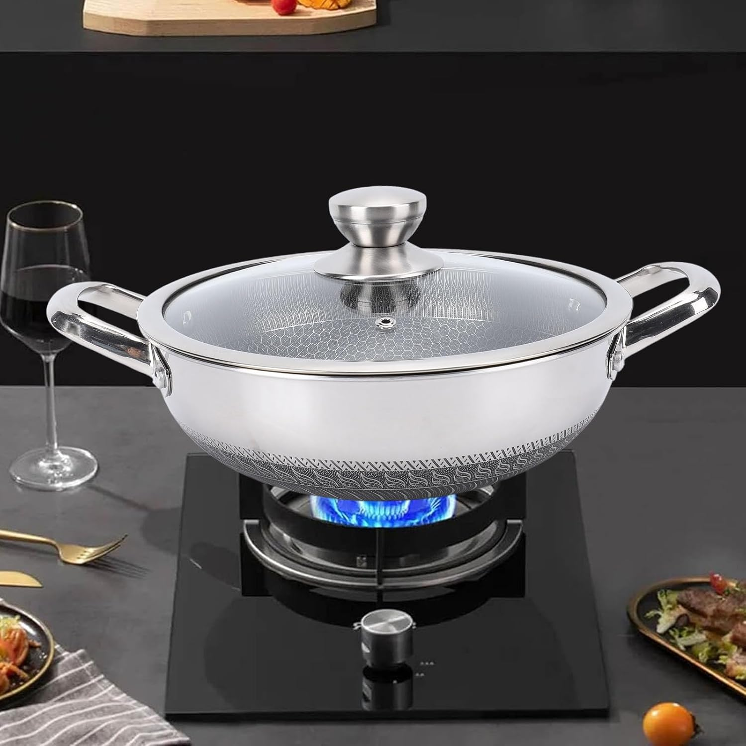 316L Stainless Steel Frying Pan, Hybrid Nonstick Induction Pan with Lid, Two Handle Hold, PFOA Free, Dishwasher Oven Safe, Paella Pan for Stir Fry/Toast/Roast/Bake/Stew, 26Cm image number 5