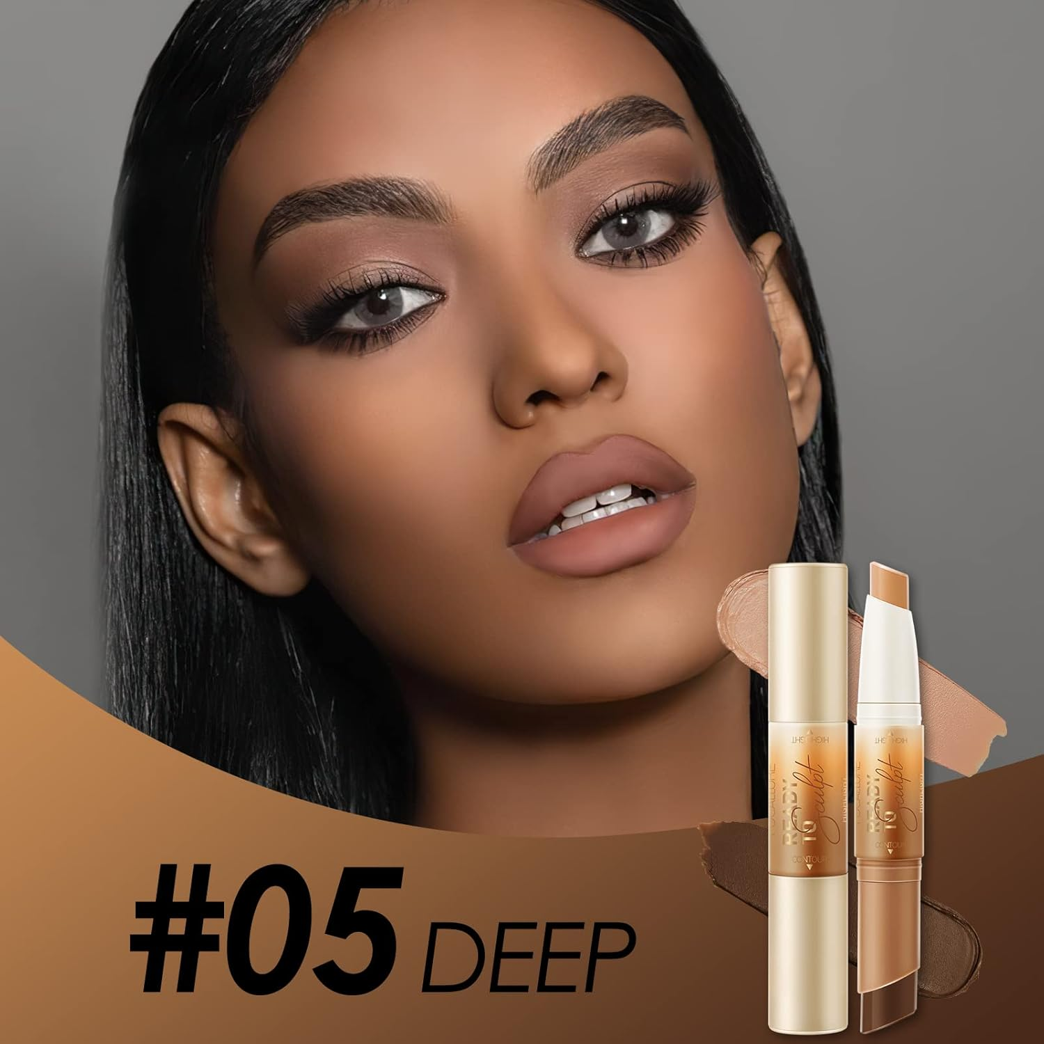 FOCALLURE 2 in 1 Cream Bronzer and Highlighter Stick,Non-Greasy & Non-Drying Contour Makeup Pencil,Easy to Create a Natural Matte Finishing with Highly Formula,Long Lasting & Waterproof Face Brighten Make up Pen,Deep image number 2