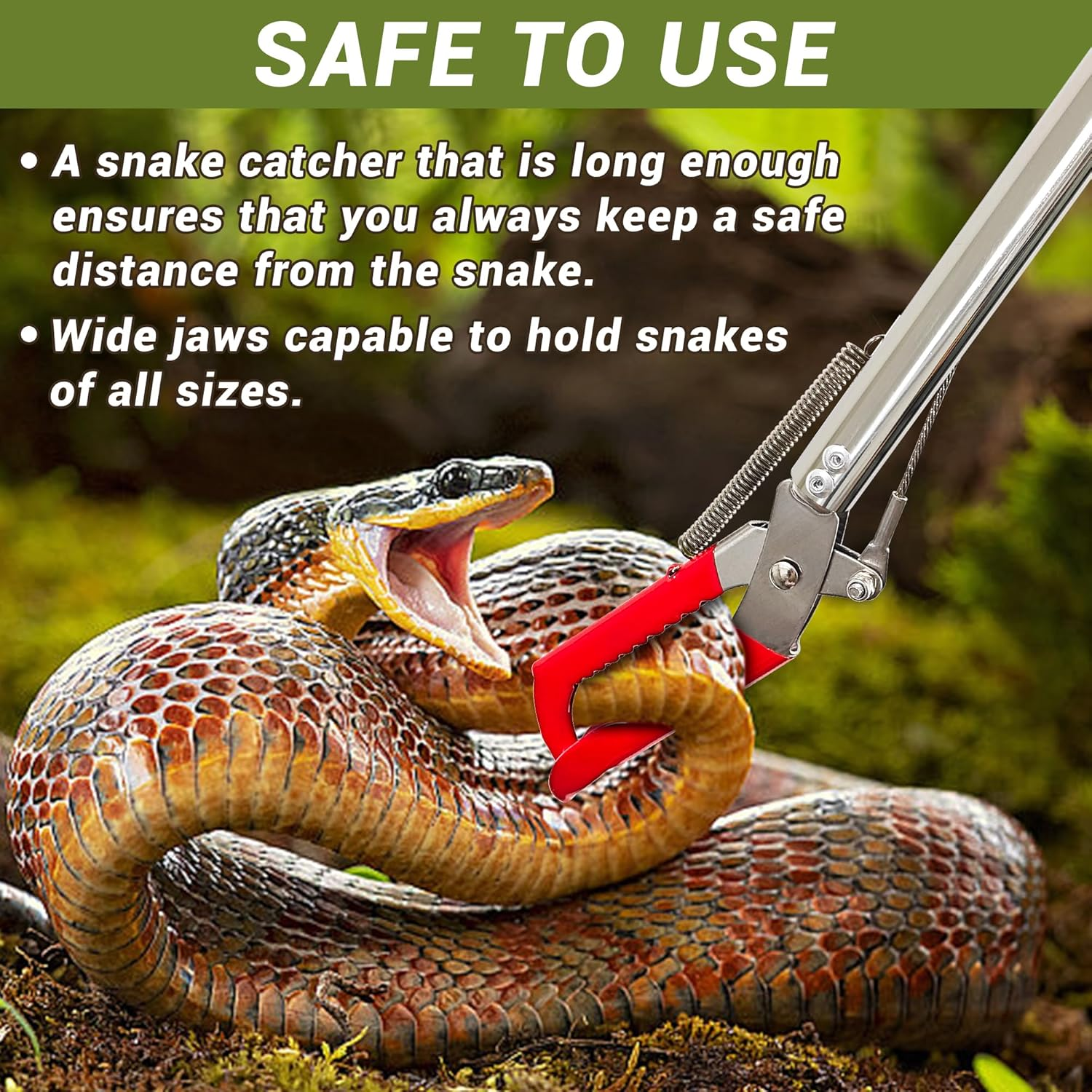 Coyxice 47" Professional Snake Tongs Heavy Duty Reptile Rattle Snake Catcher Wide Jaw Handling Tool Stainless Steel Collapsible Grabber Outdoor Catch Tool with Non-Slip Grip Handle image number 1