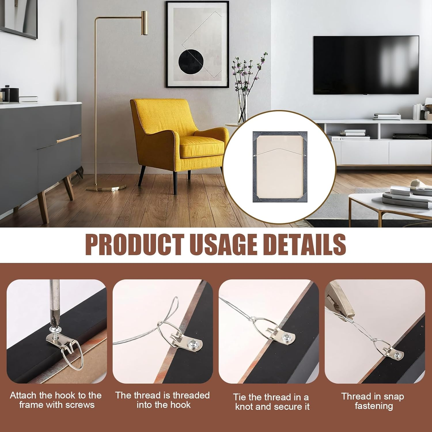 Stainless Steel Picture Hanging Kit, 10M Heavy Duty Wire Rope 10 D-Ring Hangers 10 Screws 10 Aluminum Crimping Sleeves, Wall Hanging Kit for Photo Clock Frame Mirror Artwork Light Lamp Billboards image number 1