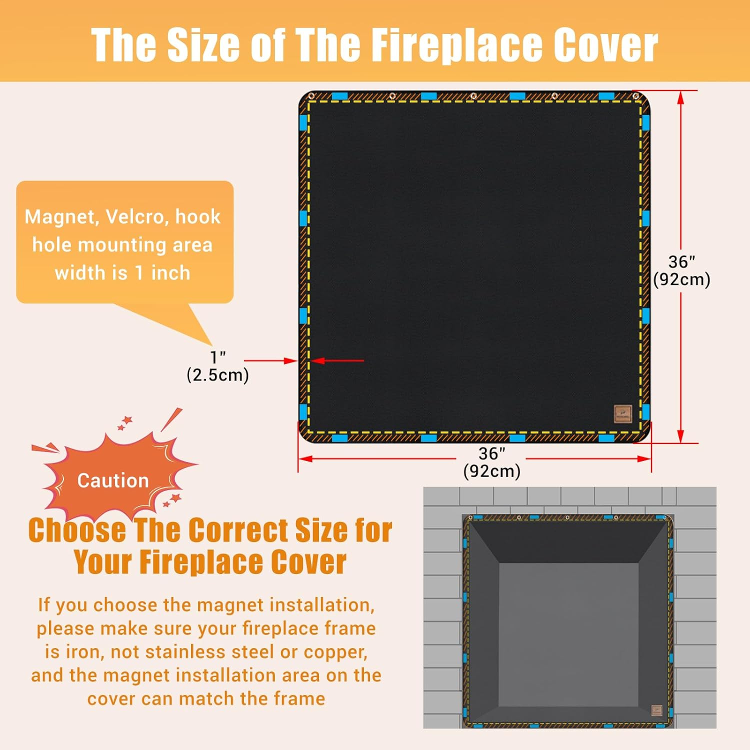 Magnet Fireplace Cover - Fireproof Draft Blocker, Heat Loss Prevention Blanket, Cold Air Blocker, Black (36" W X 36" H)