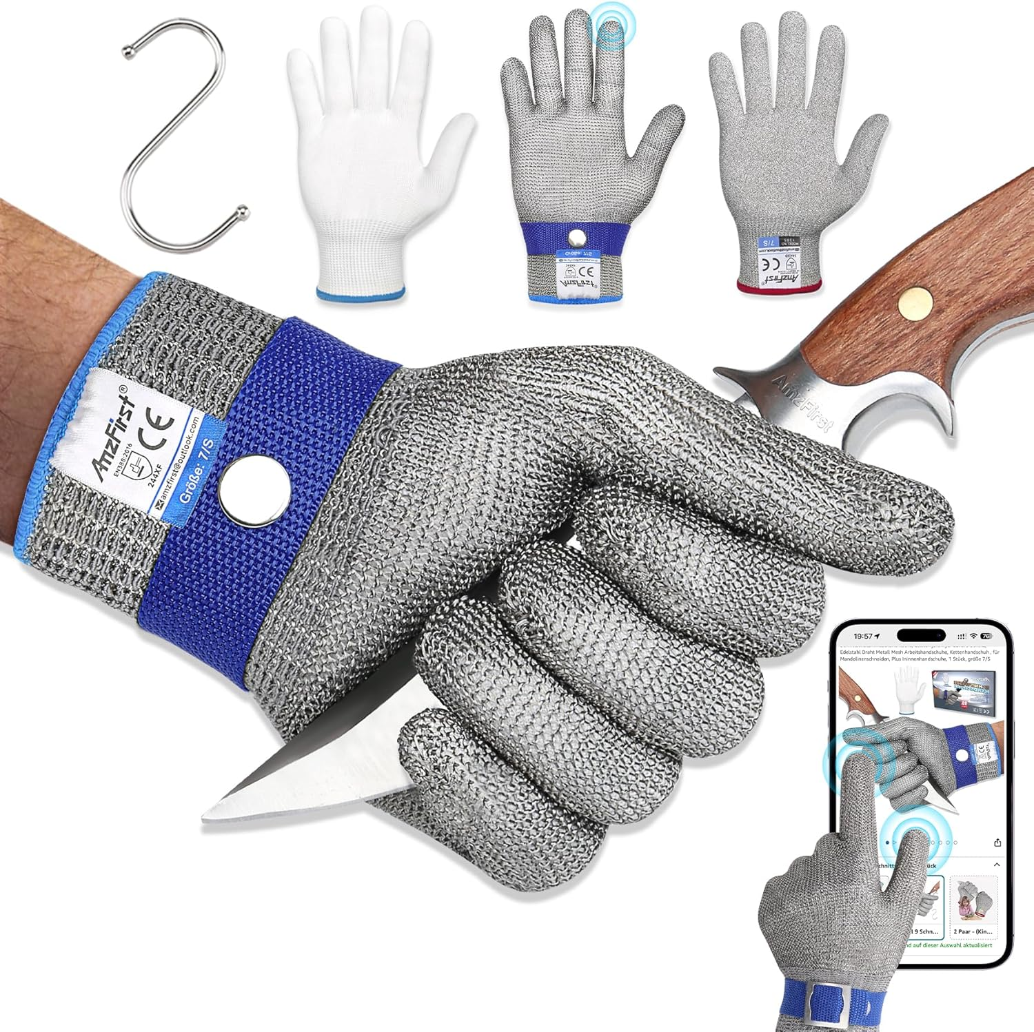 Amzfirst Cut Protection Gloves Kitchen, Powerful Level 9 Protection, Stainless Steel Wire Metal Mesh Work Gloves, Chain Glove, for Mandolin Cutting, plus Inner Gloves image number 2