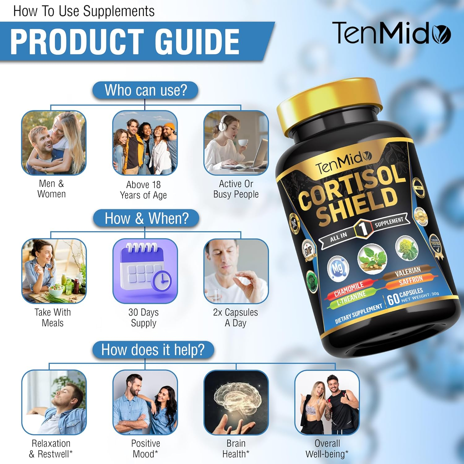 Cortisol Shield Supplement - 8In1 with Ashwagandha, Magnesium Glycinate, Rhodiola Rosea, Chamomile, L-Theanine & More - 60 Vegan & Non-Gmo Capsules image number 2