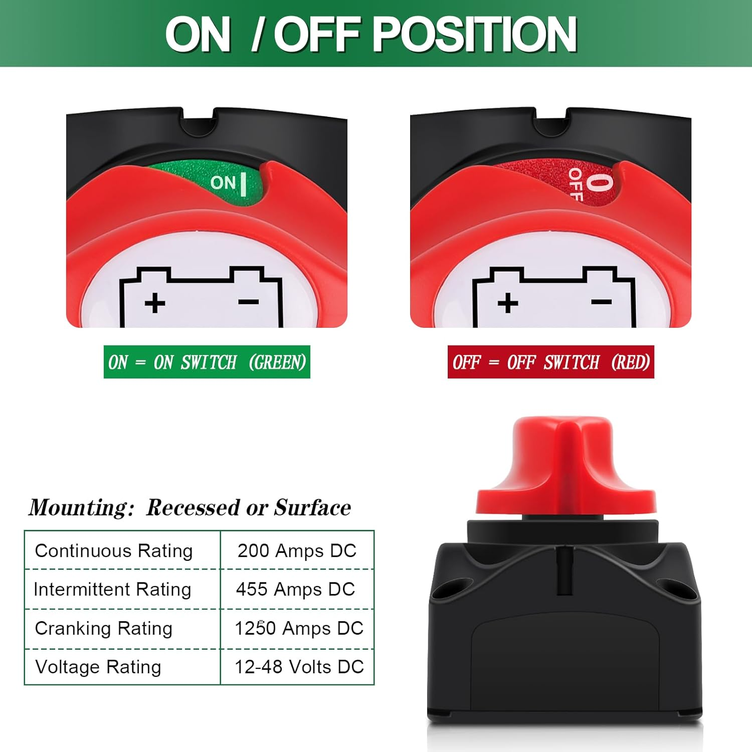 Battery Isolator Switch 12 V 24 V 48 V, Car Main Switch for M10 Connections, Battery Switch 200 a for Boat, Yacht, Caravan
