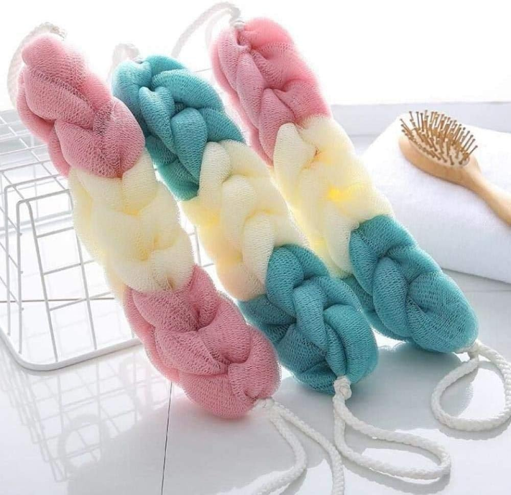 Body Brush Massage Brush 3Pcs Scrubber Bath Shower Mesh Sponge Exfoliating Body Scrub Stretch Braided Loofah with Rope Handles Long Sponge Shower Wash Brush image number 3