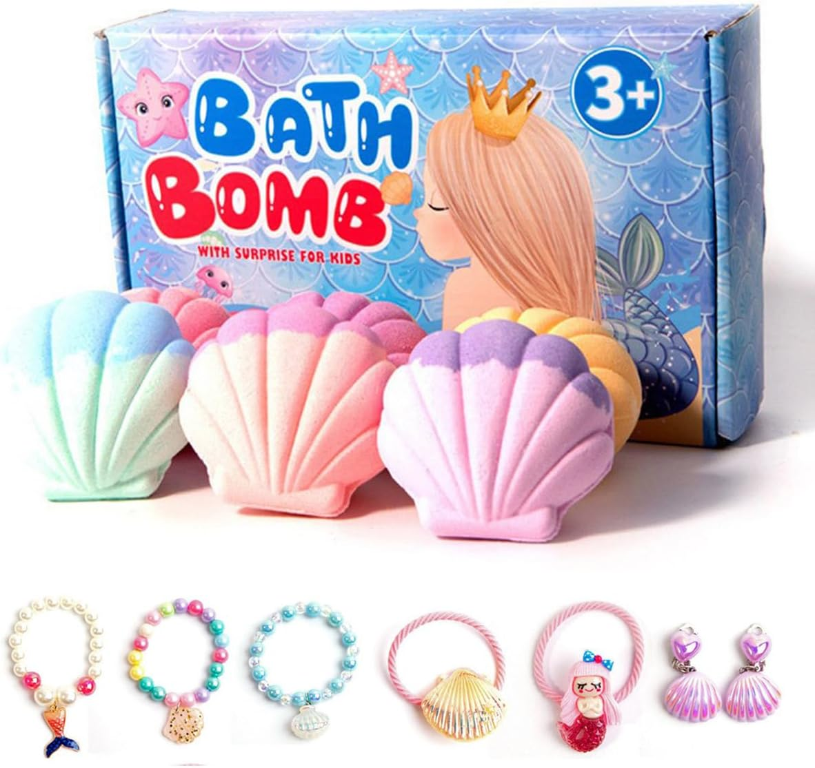 Mermaid Bath Bomb Kid, 6Pcs Shell Mermaid Bath Bomb for Girl with Surprise Inside, Bath Bombs with Mermaid Sea Shells for Girls, Bath Bomb Rich in Essential Oil, Organic Safe Bath Bomb Set (Sea Shell)