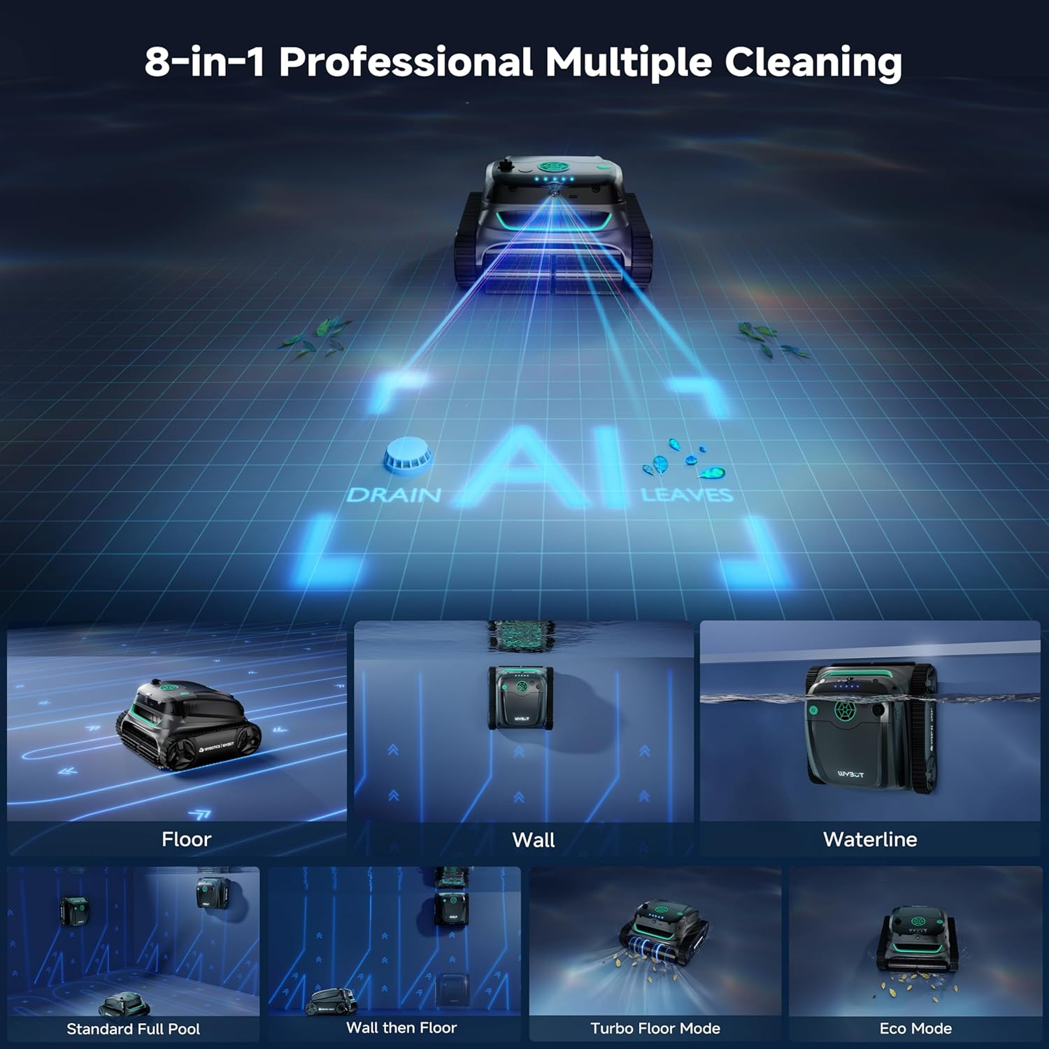 (2025 New) WYBOT S2 Solar Vision Robotic Pool Vacuum Cleaner, AI Vision, Smart Auto Parking & Dual Charging, Enhanced Scheduled Cleaning, 3D Adsorption System, for In-Ground Pools, Grey & Green image number 4