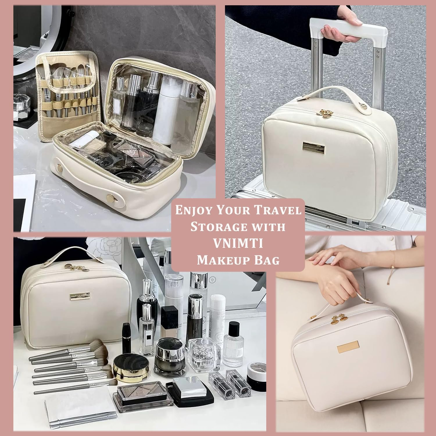 VNIMTI Travel Makeup Bag, 2 Layer Makeup Organizer with Brush Holder, Large Cosmetic Bag Toiletry Bag, Big Portable Makeup Pouch for Women, PU Leather, Waterproof (White) - Black image number 2