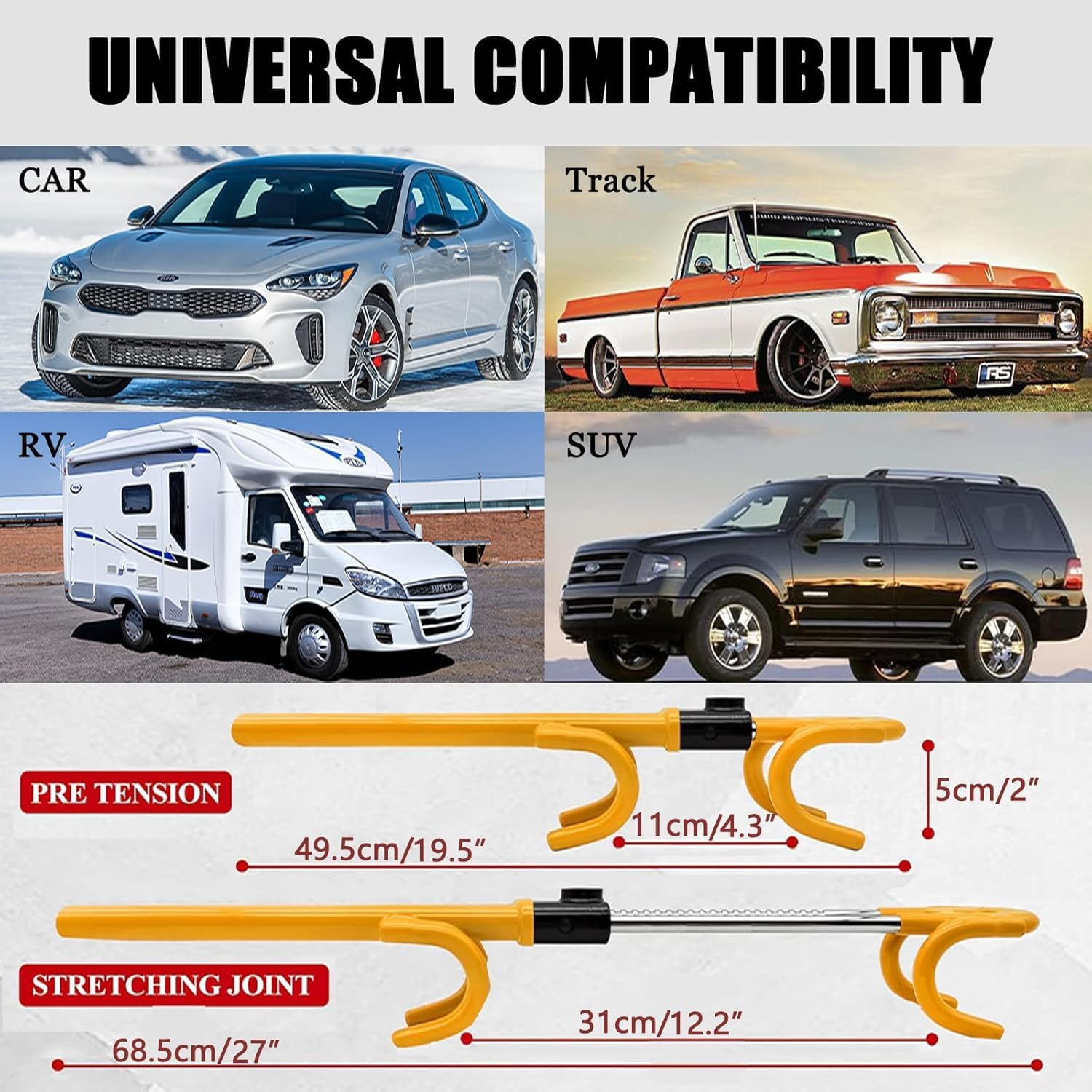 Car Steering Wheel Lock Anti-Theft Device Adjustable Length Clamp Double Hook Locks Universal Fit image number 4