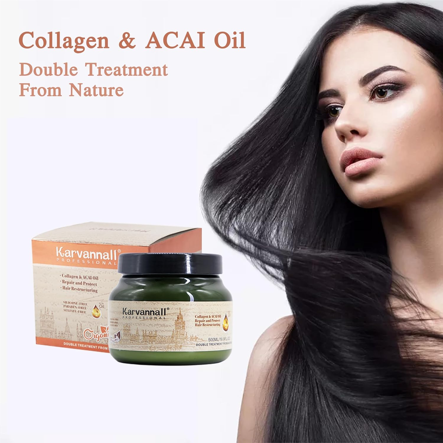 Karvannall Professional Collagen & Acai Oil Hair Mask, 500Ml Double Treatment, Hair Repair & Restructuring Cream image number 1