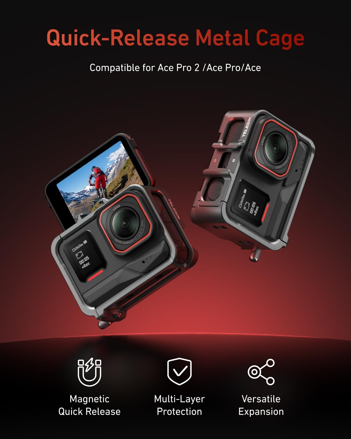 TELESIN Aluminum Alloy Protective Frame Case for Insta 360 Ace Pro2/Ace Pro/Ace, Quick-Release Metal Cage Protective Frame Housing Sleeve with 1/4" Screw and Cold Shoe, Ace Pro/Ace Accessories image number 1