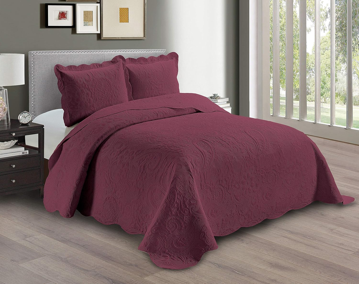 Linen plus Embossed Coverlet Bedspread Set Oversized Solid Burgundy Full/Queen Bed Cover Bedding New # Dana