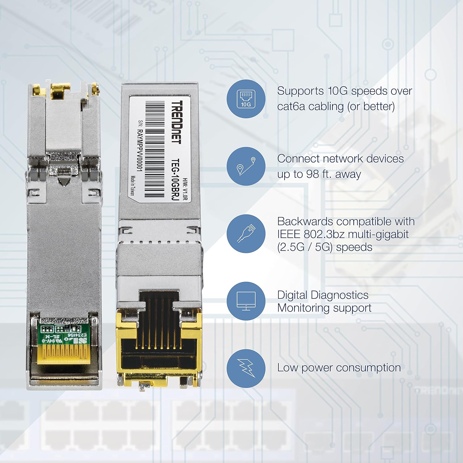 Trendnet 10G RJ-45 Copper SFP+ Module, Convert a Standard SFP+ Slot into a RJ-45 Multi-Gigabit Port, Connect Devices up to 30M (98Ft), Hot-Pluggable, Lifetime Protection, Silver, TEG-10GBRJ image number 5