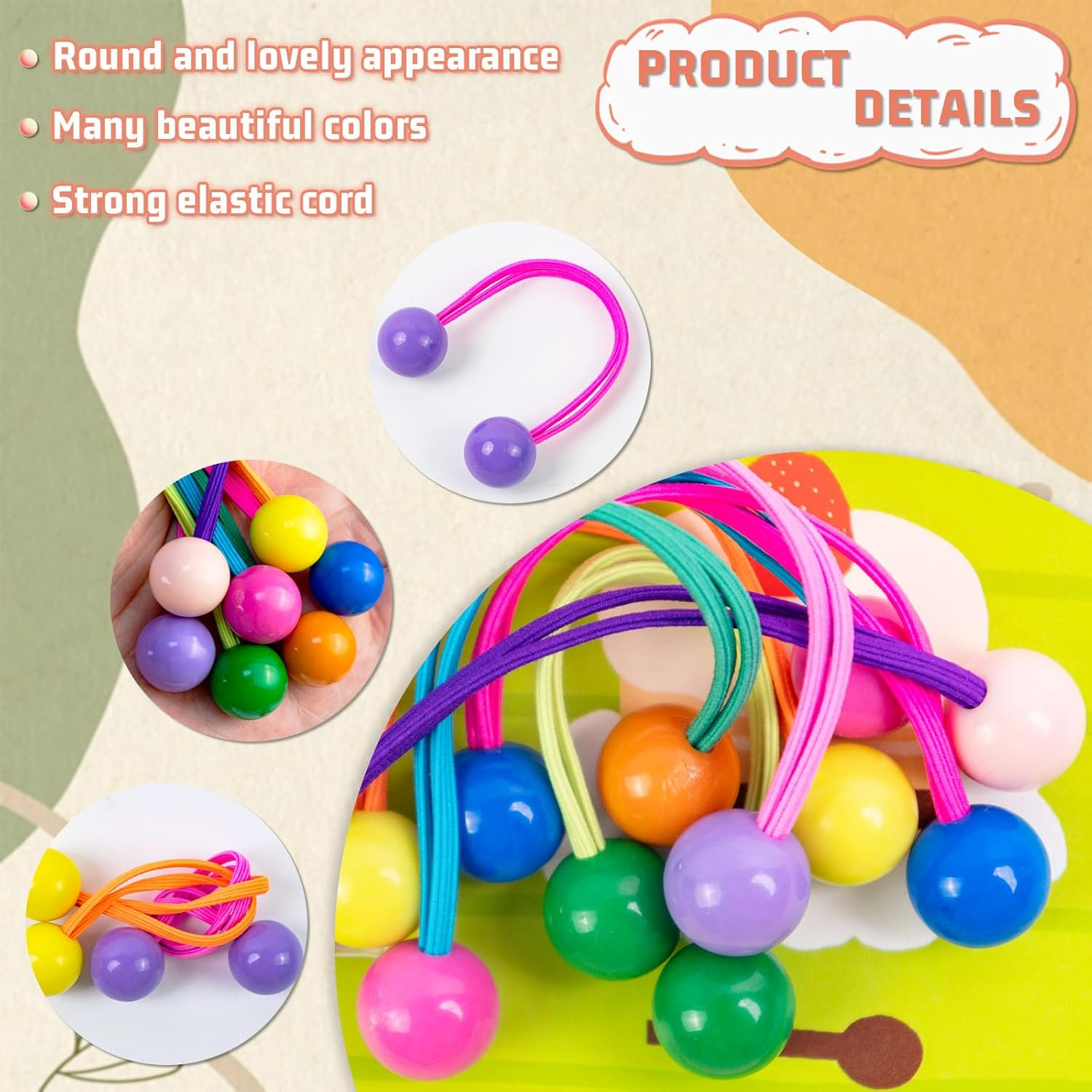 NEETUE 49 Pcs Multicolor Hair Ties with Bead, Cute Elastic Ponytail Holders, Bobble Hair Tie, Colorful Puff Ball Hair Ties for Girls Women image number 4