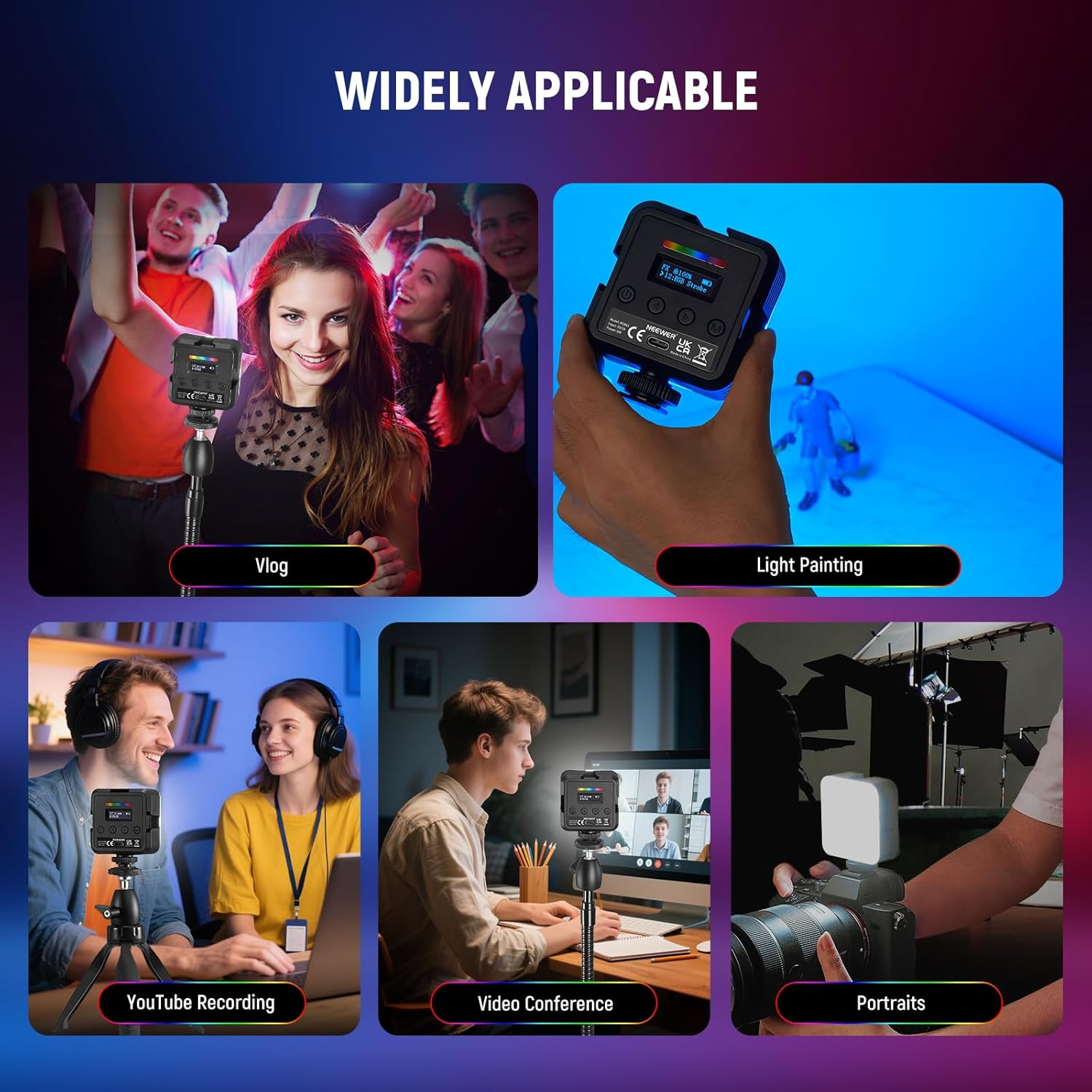 NEEWER Magnetic RGB Camera Light, 360&deg; Full Color RGB61 CRI97+ 2500-8500K 2000Mah Portable Small LED Panel Photography Lighting for Video Recording Streaming, 3 Cold Shoes, 20 Scenes & Cleaning Cloth