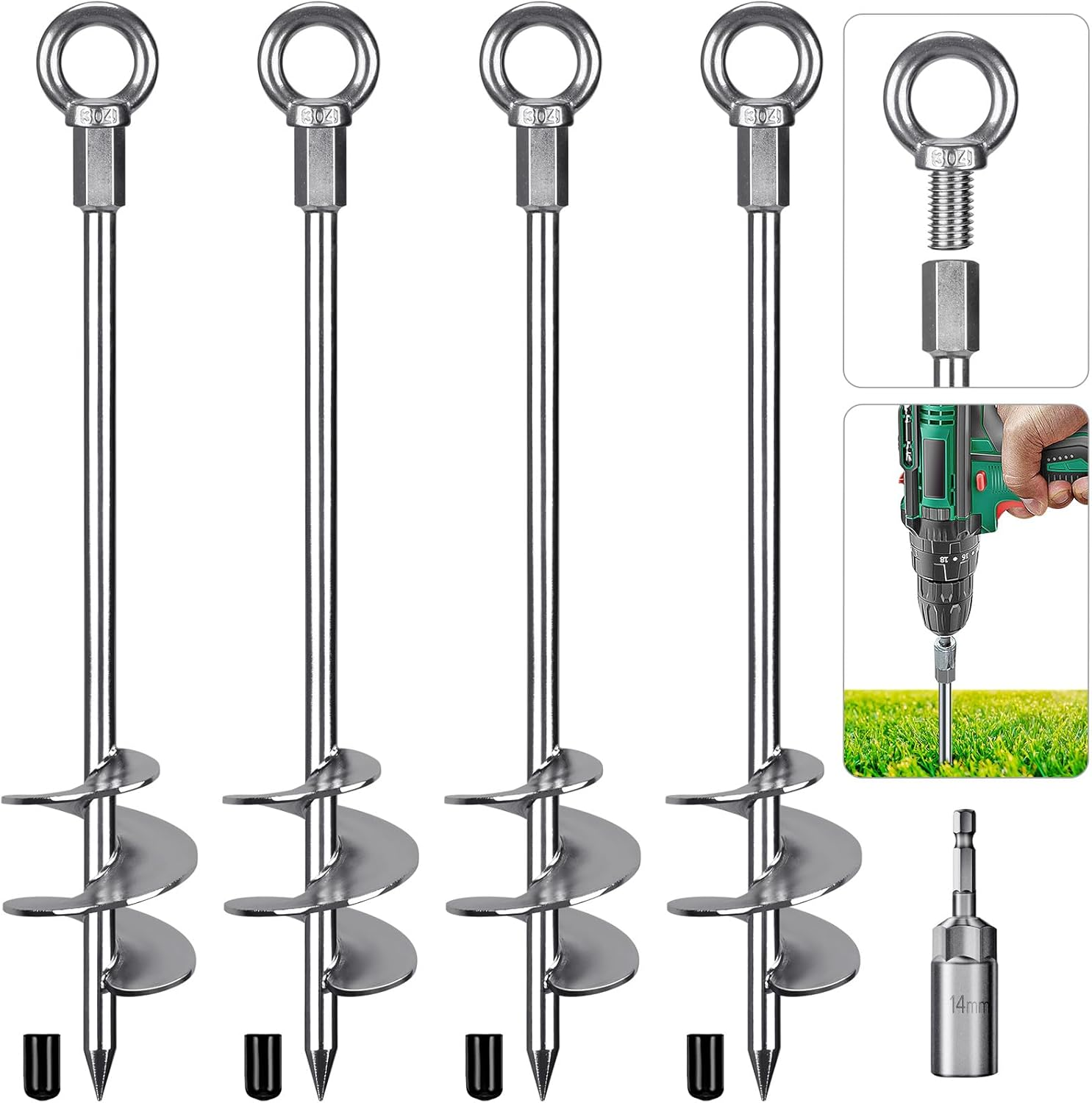 Insaga 18'' Fully Welded Ground Anchors Screw In, Wider Spiral Earth Anchor for Swing Set, 4Pcs Mobile Home Anchors, Wind Resistant Trampoline Wind Anchors, Ground Anchors for Sheds