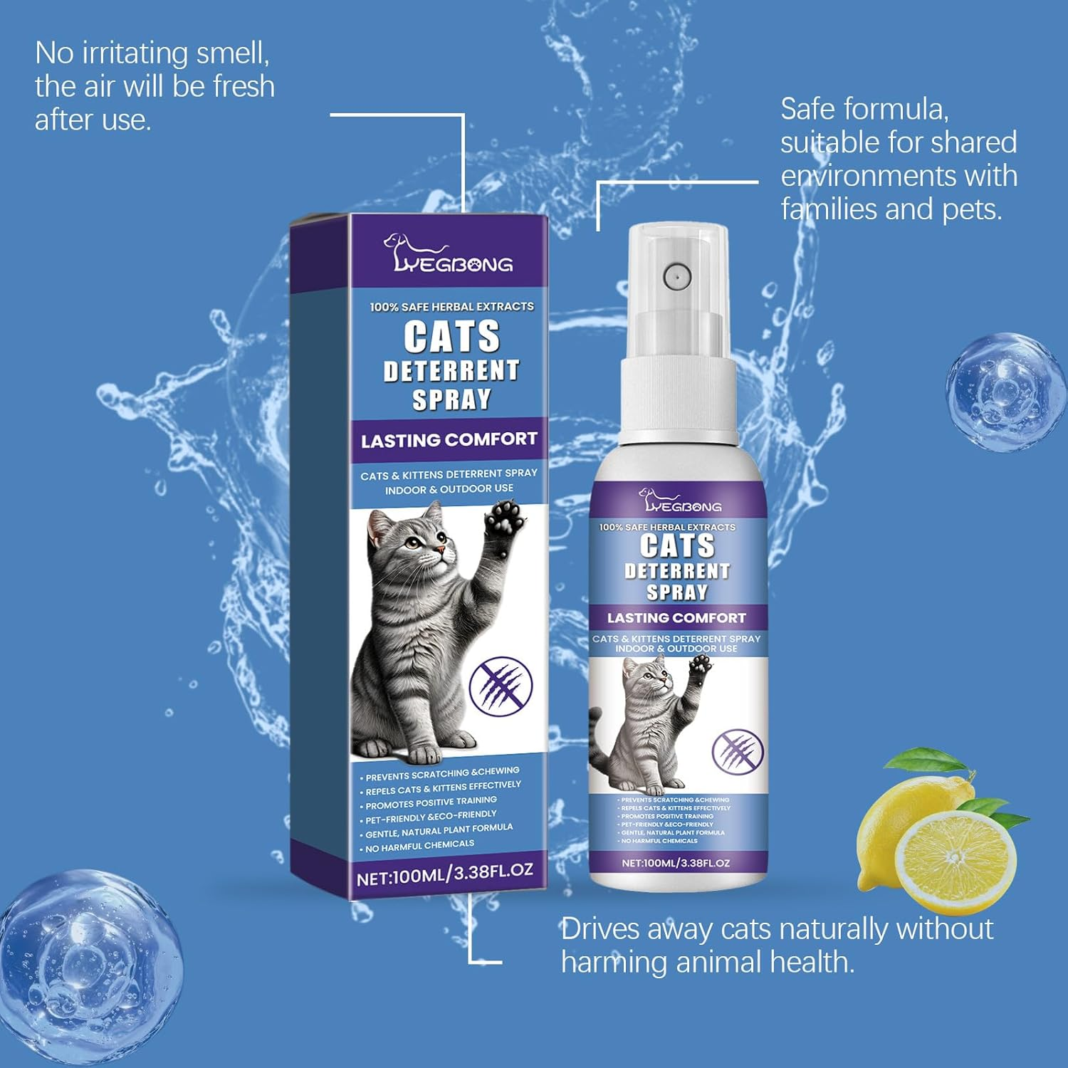 Bitter Cat Repellent Spray, Effective Cat Deterrent Spray with Bitter, Prevent Cats from Scratching Plants and Furniture, Suit for Indoor & Outdoor