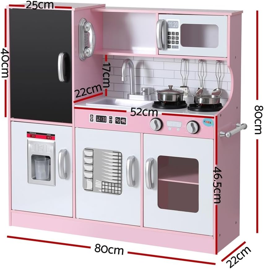 Keezi Kids Wooden Pretend Kitchen Play Set Pot Ice Cup Oven Blackboard 80CM Pink image number 5