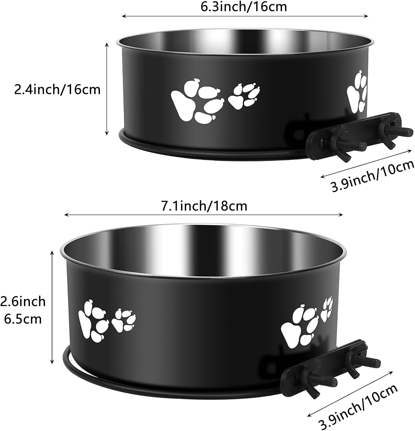 Dog Crate Water Bowl No Spill, PRENDIEEN 2 Pack Stainless Steel Water Bowl for Dog Crate, Hanging Dog Bowls for Kennel Crate Cage Medium Large Dogs Cats (16 * 6Cm & 18 * 6.5Cm) (Black) image number 3