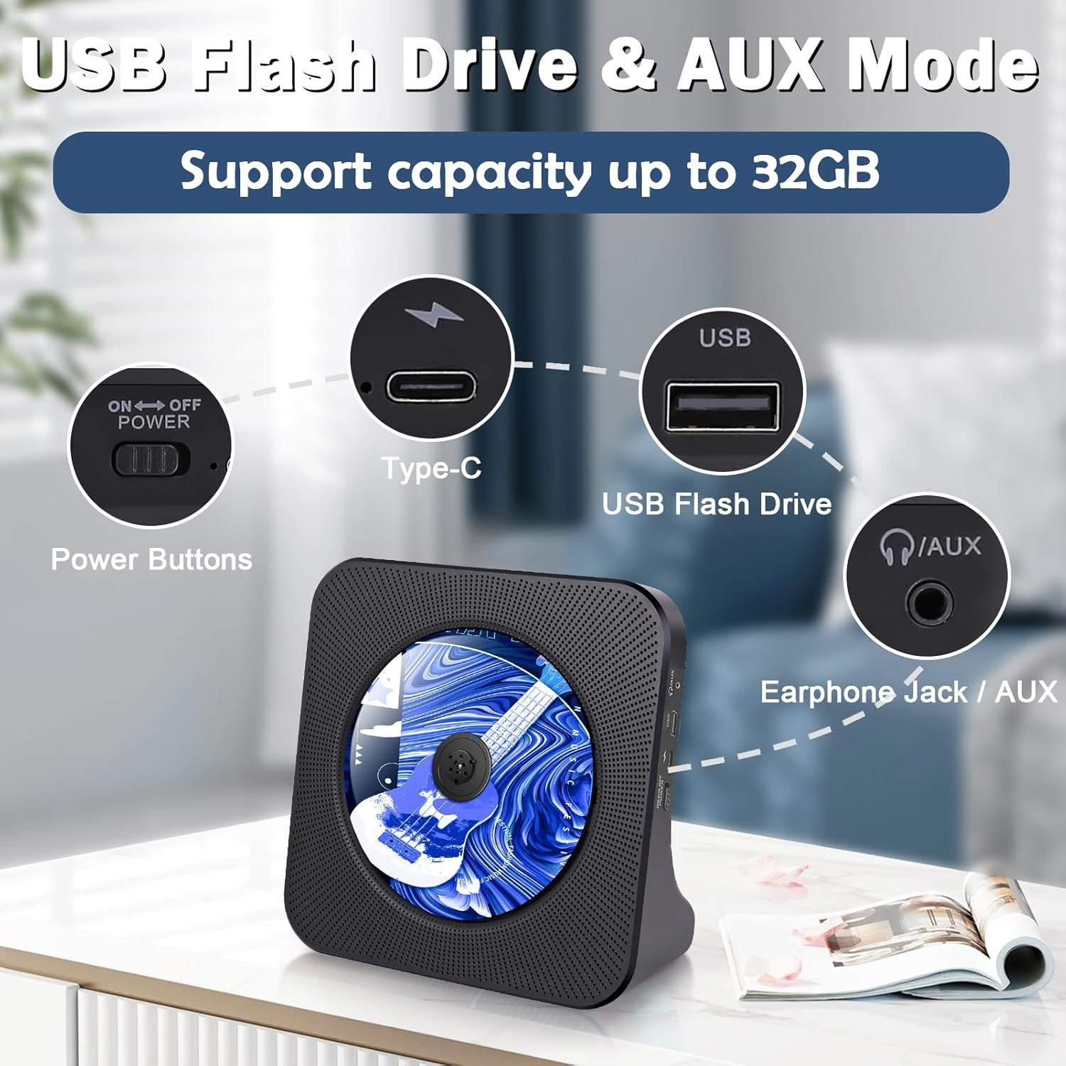 TODANGAI Rechargeable Portable CD Player, Bluetooth CD Players with 4000Mah Battery, Home Desktop Music Players with Remote Control, Supports Bluetooth, FM Radio, U Stick, AUX, Timer, Remote Control image number 6