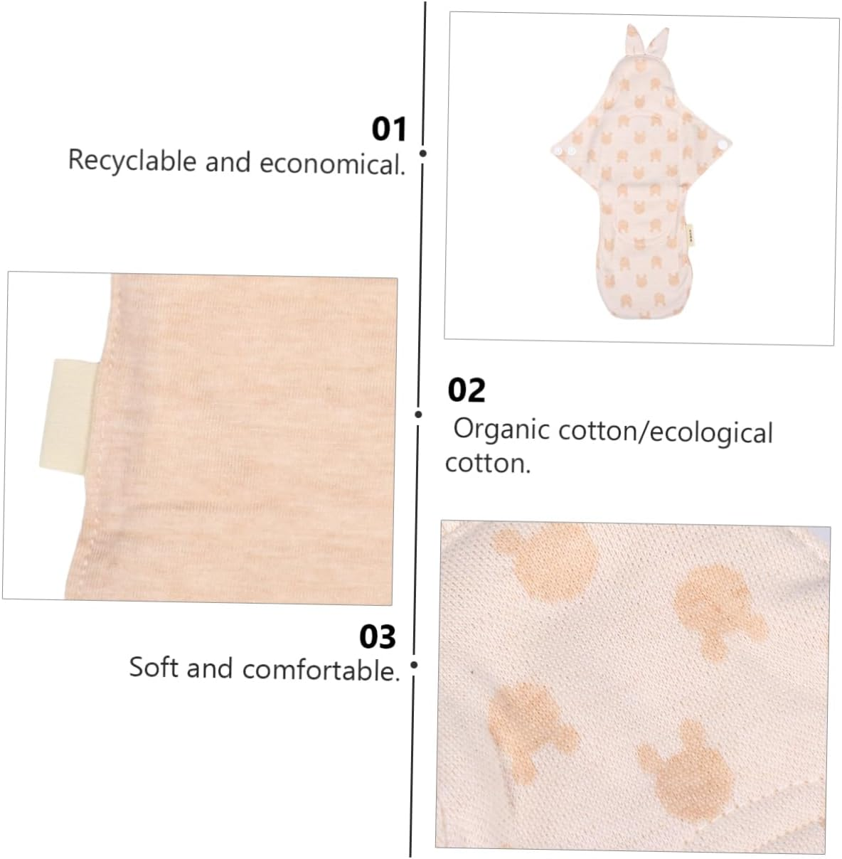 TOVINANNA 3Pcs Pads Washable Menstrual Pads Organic Cotton Sanitary Towels for Women Heavy Flow Random Style image number 3