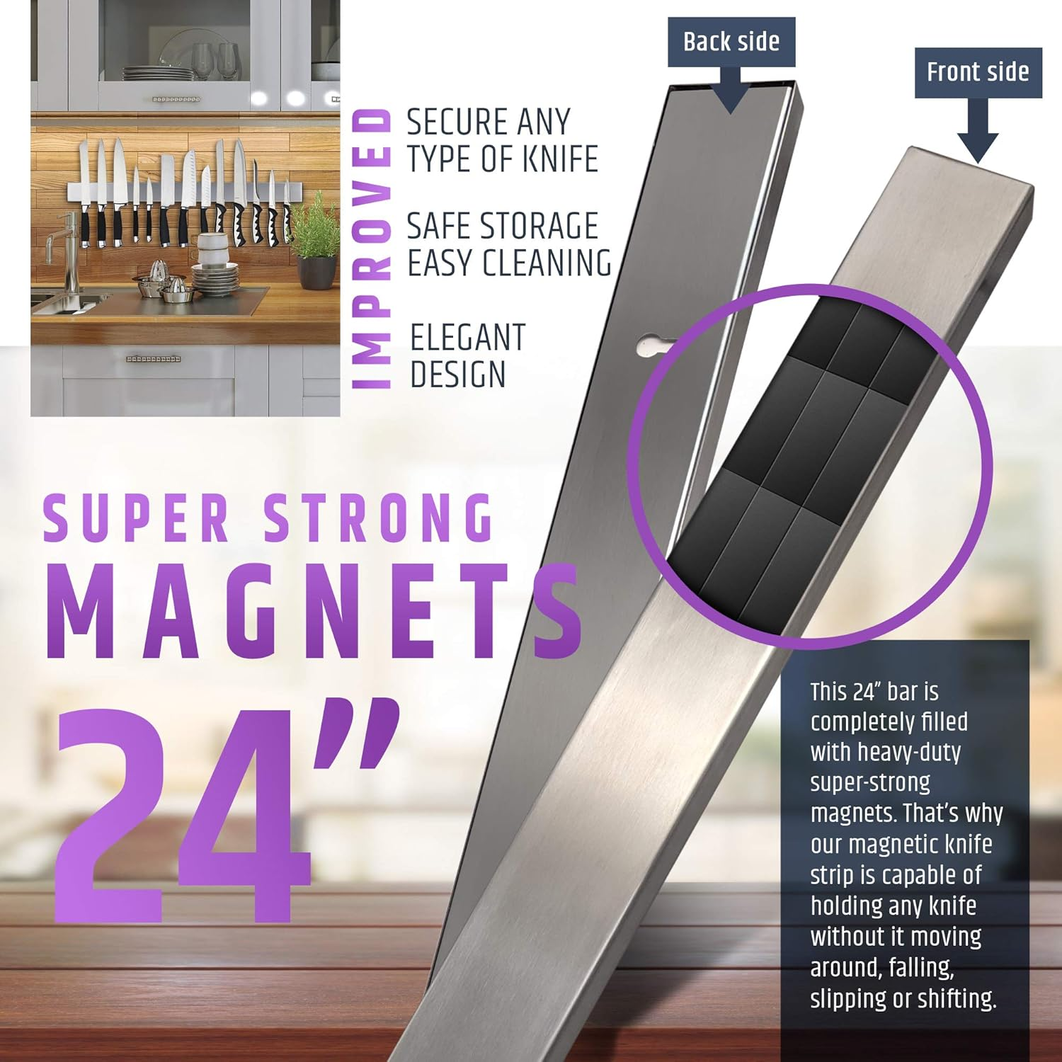 24 Inch Heavy-Duty Magnetic Knife Holder (Large Size) &ndash; Premium Stainless Steel Magnetic Knife Strip - Professional Space-Saving Knife Rack/Bar with Powerful Magnetic Pull Force (Upgraded Version)