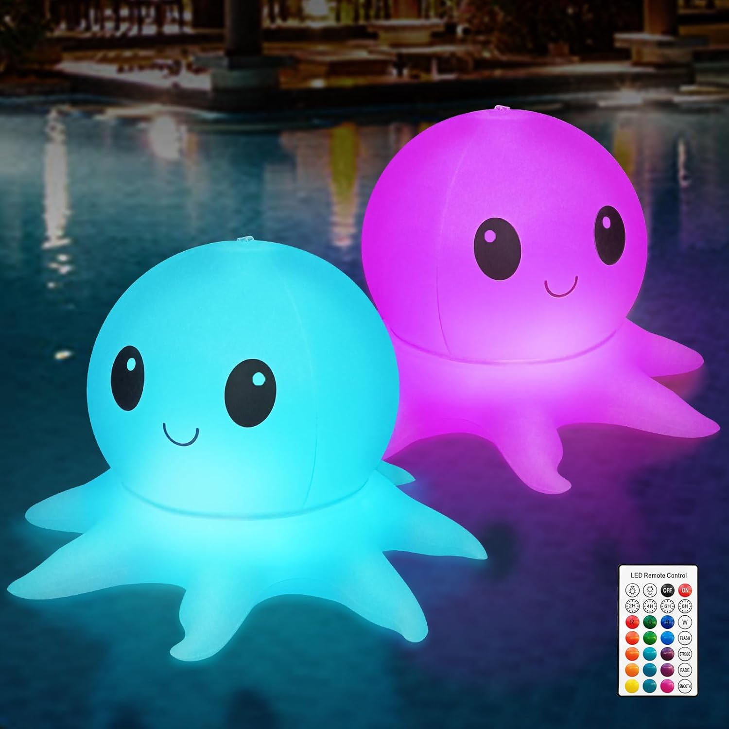 Qoolife Solar Floating Pool Lights,2 Pack Inflatable Octopus Lights with Remote Control, 16 WRGB Colors 4 Modes, IP68 Waterproof Premium Quality, Outdoor Decor Pool Garden Party Christmas Decorations image number 1
