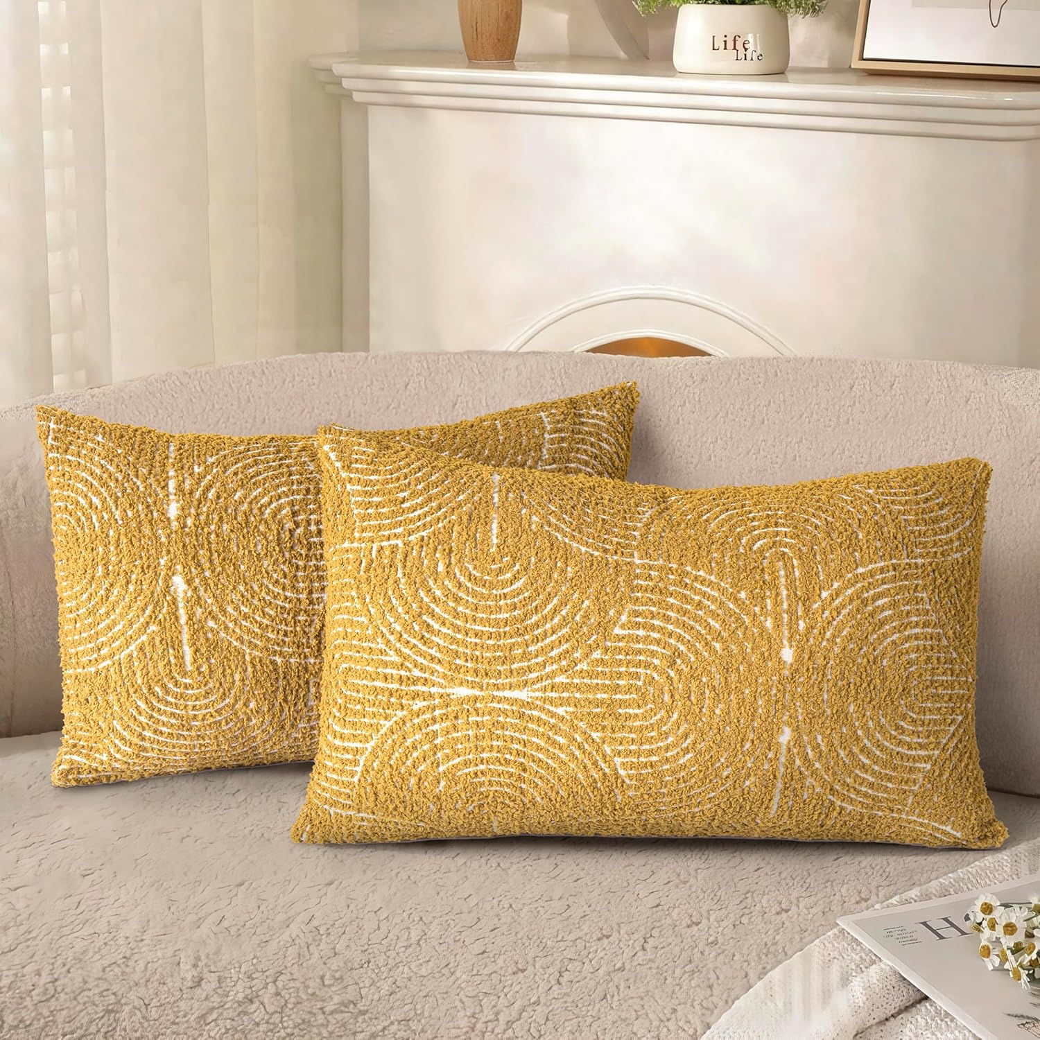 AELS Boho Decorative Textured Throw Pillow Covers 12X20, Organic Modern Mid Century Rainbow Tufted Pillow Case, Farmhouse Rustic Geometric Woven Cushion Case for Bed Couch Sofa, Mustard Yellow image number 4