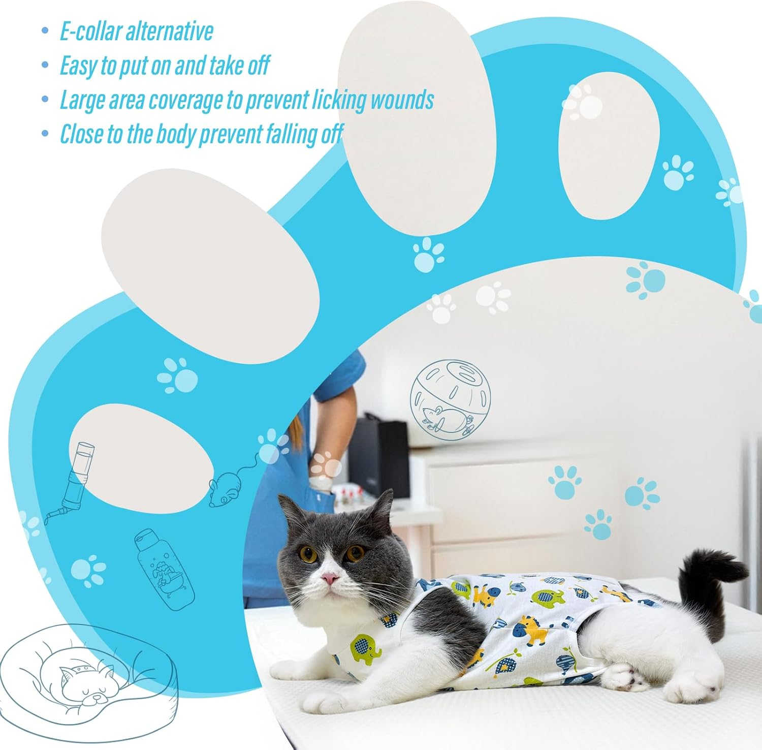 Viiotu Cat Recovery Suit Female, Kitten Onesie for Cats after Surgery, Breathable Soft Elastic Cat Clothes for Post-Surgery or Skin Diseases Protection,Cone of Shame Alternative (S, Blue Elephant) image number 5