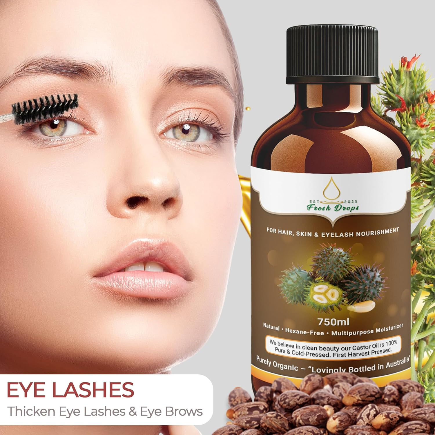 Fresh Drops Organic Castor Oil 750Ml, Pure Cold Pressed, Hexane Free, Stimulate Growth for Eyelashes, Eyebrows, and Hair, Smooth Face, and Skin,Eyelashes Serum | Free 30 Ml Castor Oil Sample Glass Bottle,Eyelashes Brush image number 2