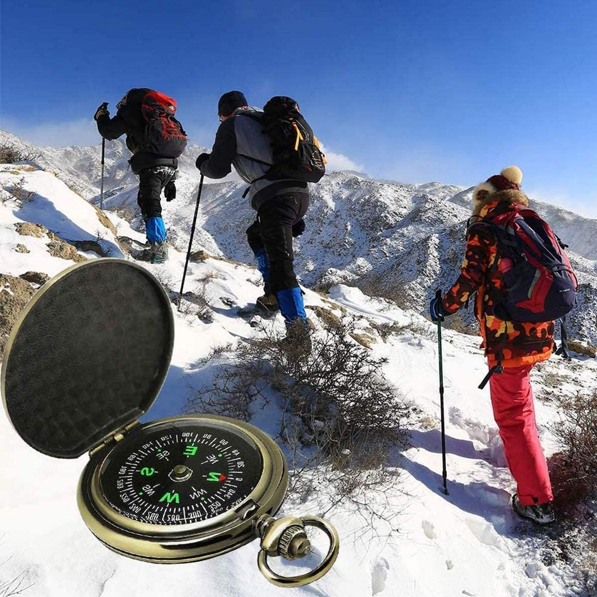 Retro Compass, Portable Vintage Survival Compass Navigation Fluorescent Glow Gear Waterproof Compass Outdoor for Camping Hiking Riding image number 3