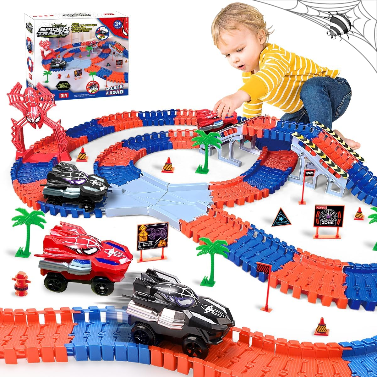 Kaekid Spider Race Track for Kids Age 3-8, 212PCS Race Car Track with 2 Spider Cars, DIY Flexible Track Playset, Toddler Toys Birthday Gifts for Kids image number 6
