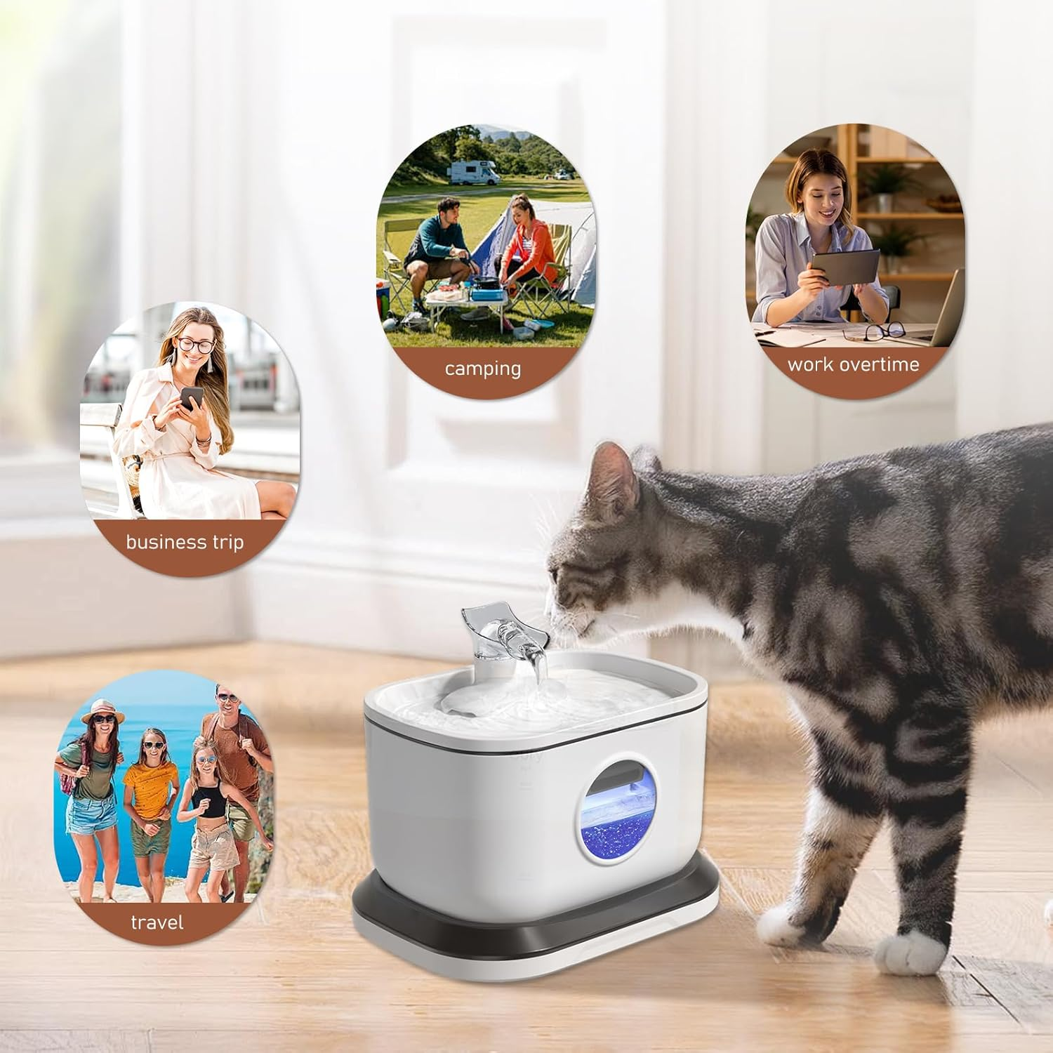 Cat Water Fountain, Radar Sensing Cordless Water Fountains for Cats Indoor, Battery Operated Wireless Pump, Premium Multi-Layer Filter 2.5L/84Oz Quiet Automatic Pet Dispenser - White image number 5