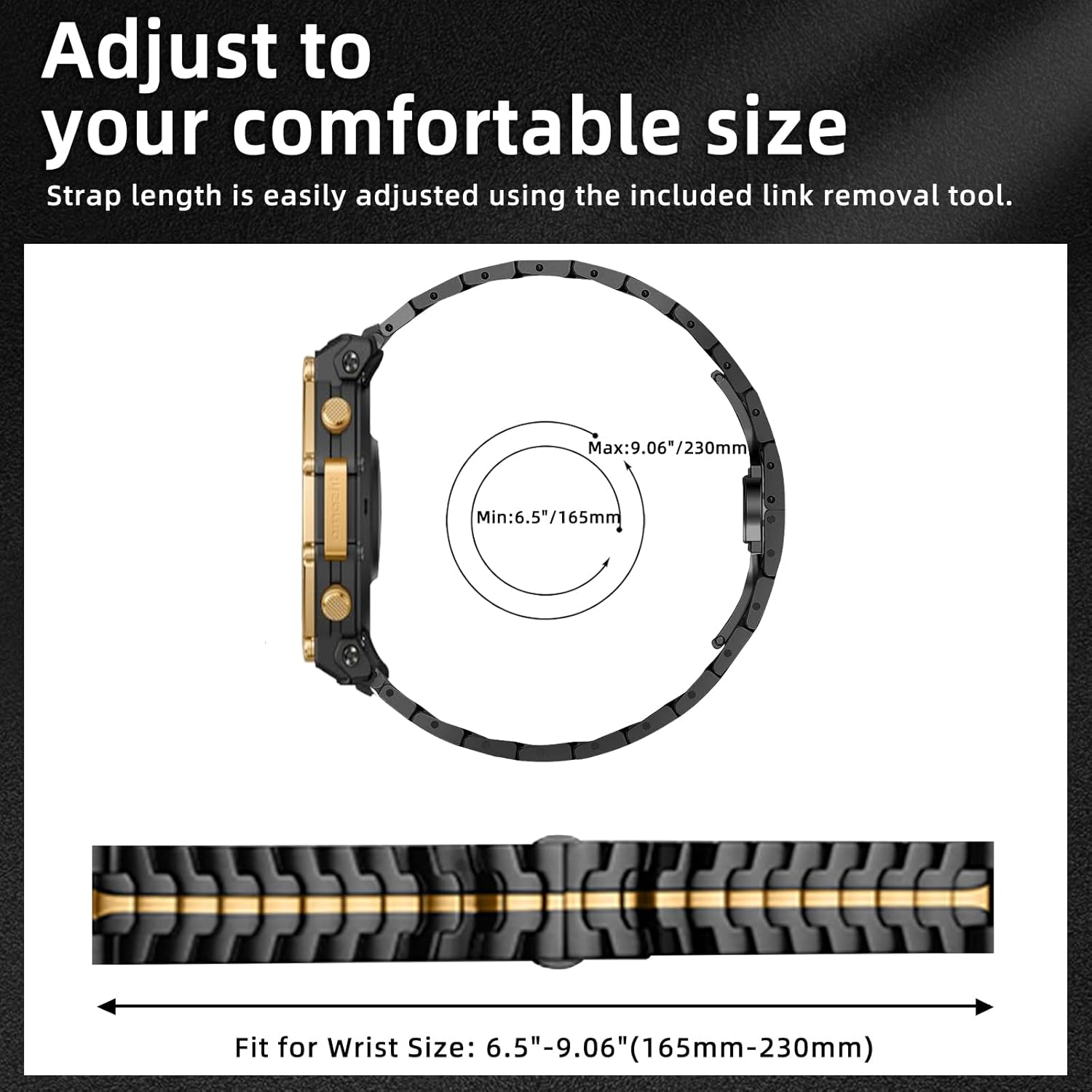 Hinzann 22Mm Strap for Amazfit T-Rex 3 Pro 48Mm/Balance 2/Balance/Bip 6/Bip 5/5 Unity, Metal Stainless Steel Band for Amazfit Cheetah/Cheetah Pro/Gtr 4/GTR 3 Pro/Gtr 3/GTR 2E/Gtr 2 - Black Gold image number 1