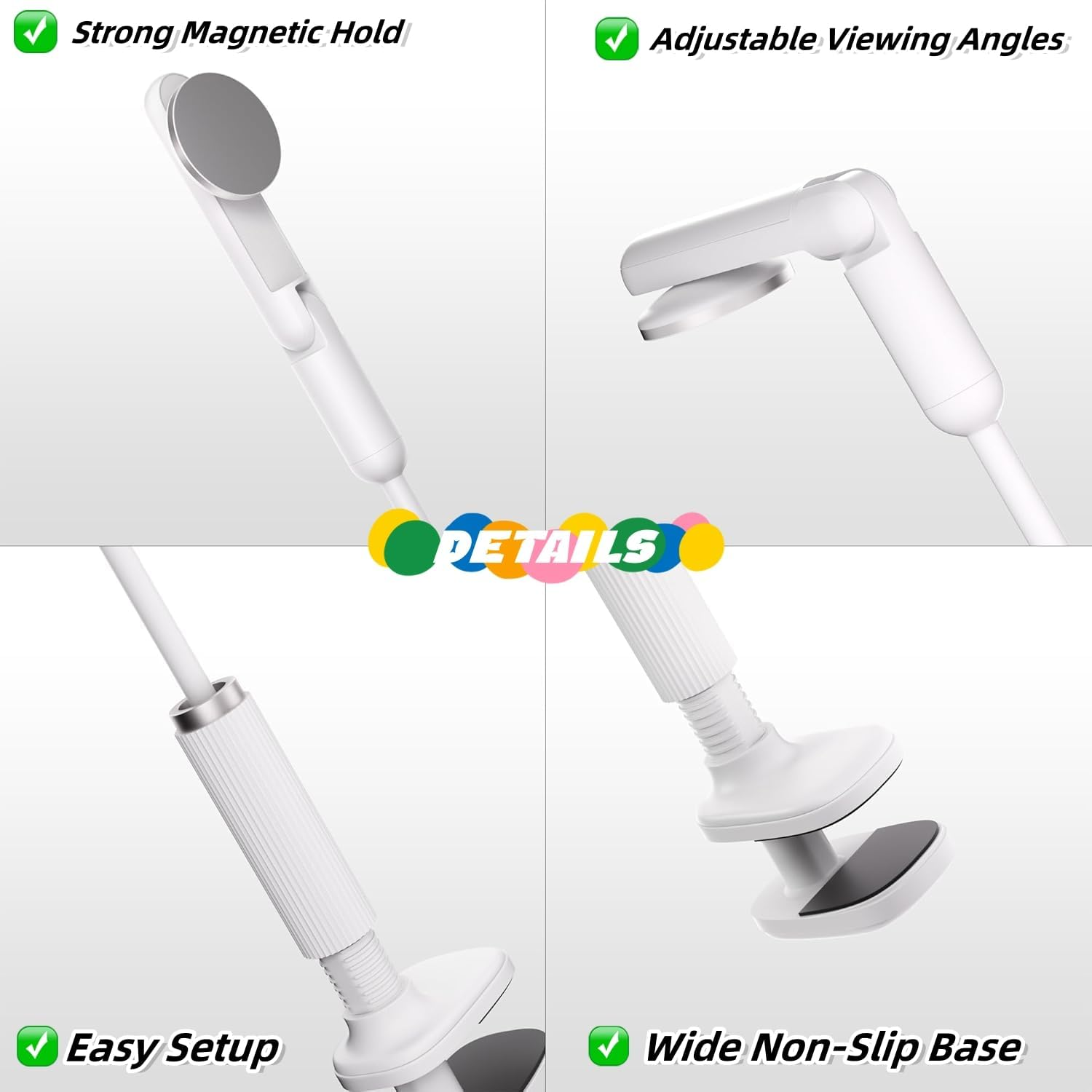 NQQNQQ M-TM 【90CM】 Magnetic Gooseneck Phone Holder for Bed & Desk, 360&deg; Rotation, Sturdy Arm Compatible with Iphone 15/14/13/12 Pro Max, Overhead Mount for Live Streams & Zoom (White) image number 2