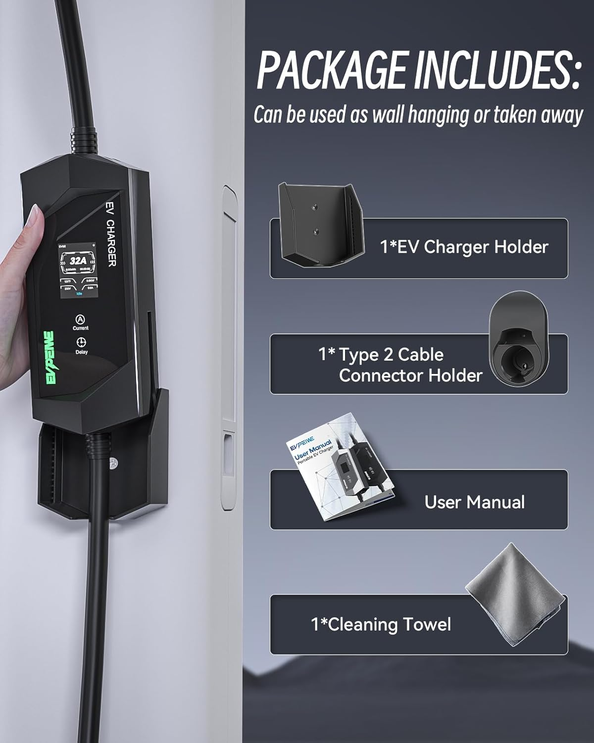 Type 2 EV Charger 32A 7KW, 8M Portable Type 2 EV Charging Cable 5 Pin Single Phase EV Home Charger 6A-32A Adjustable Current for IEC 62196-2 Evs Model 3/Y BYD Atto3 MG, IP65 image number 2
