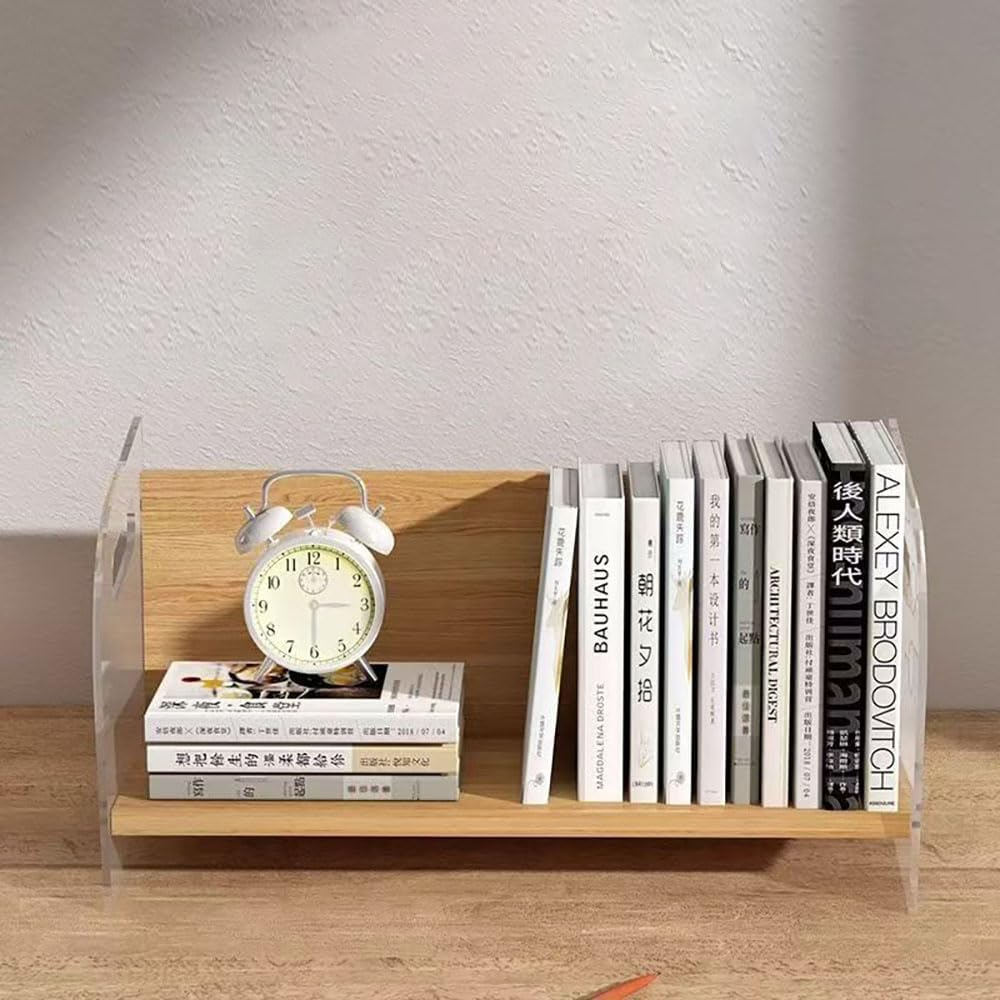 Hbluefat Acrylic Desktop Bookshelf Organizer, Small Wood Desk Bookcase, Multipurpose Tabletop Storage Shelf Rack for Home Office (Wood) - White image number 5