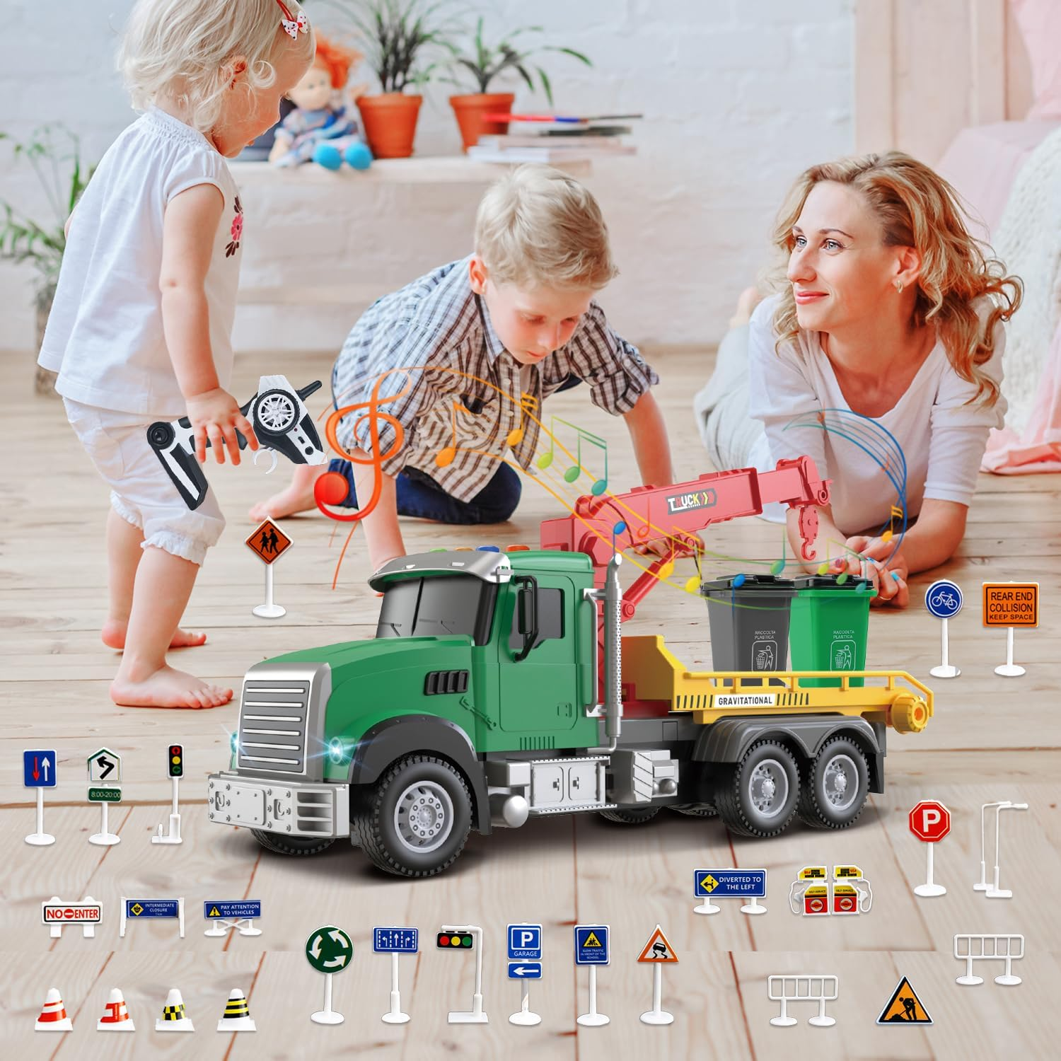2.4Ghz Remote Control Garbage Truck Toy &ndash; RC Trash Truck with 2 Loader Trash Cans, 4 Channel Recycling Truck, Lights & Sounds, 2 Batteries, 28PCS Traffic Signs &ndash; Kids Toy for Boys Girls 6 7 8 image number 6