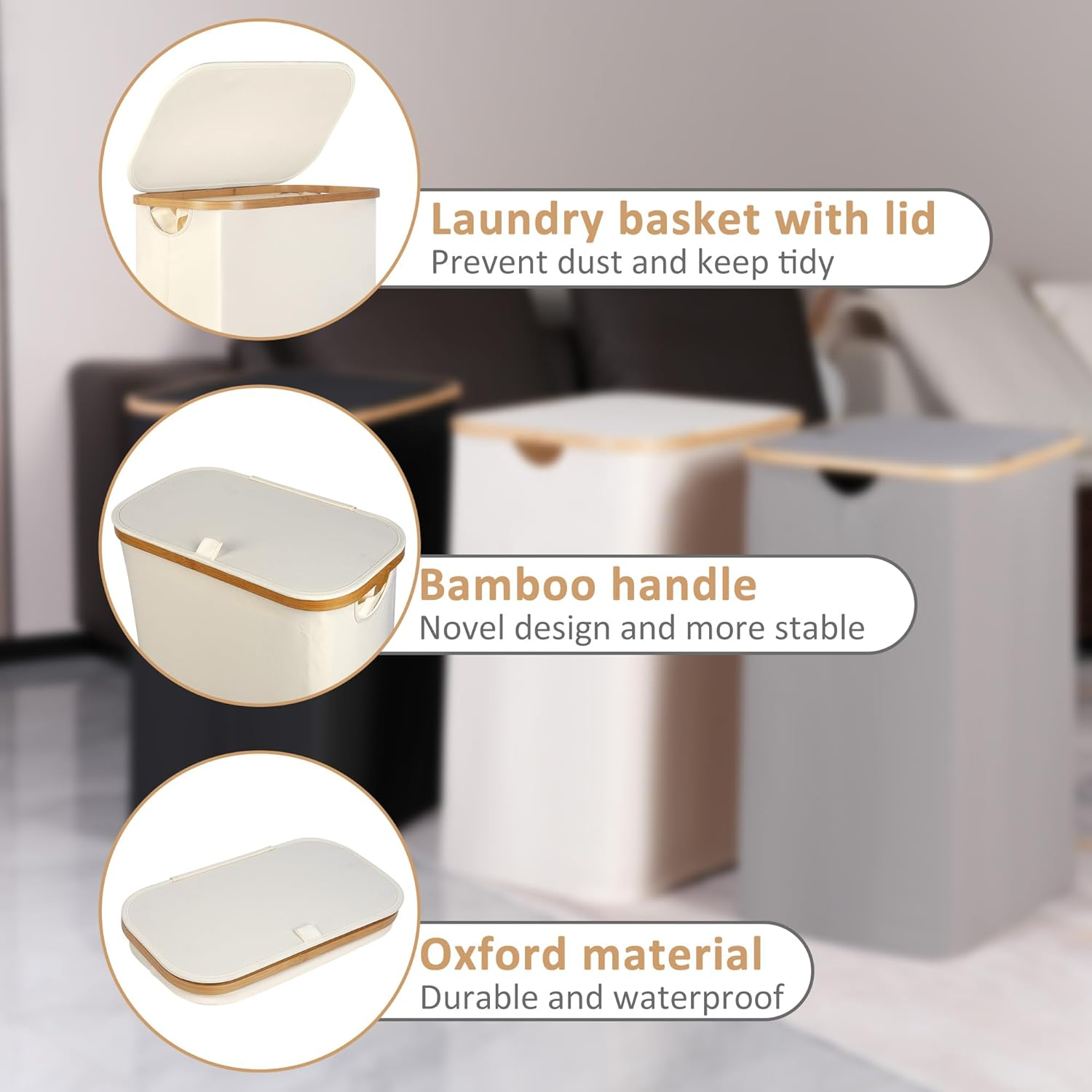 60L Slim Laundry Basket with Lid,Hampers for Laundry,Narrow Laundry Hamper with Removable Inner Bag & Bamboo Handles,Tall Thin Clothes Hamper for Clothes Toys Towels Organization（Beige ） image number 5