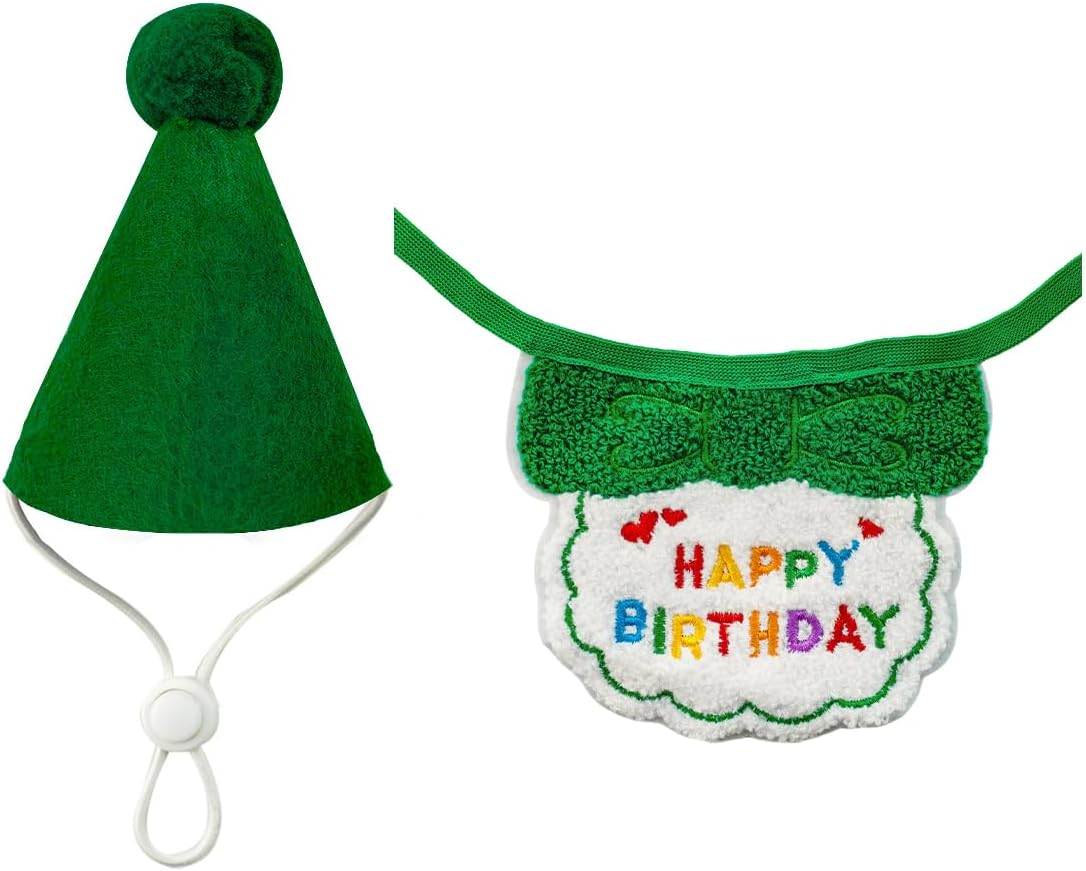 AIMALL Pet Birthday Party Set, Adjustable Dog Cat Hat and Matching Saliva Towel, Colorful Decorations, Elastic Fit, Hat: 3.54In High, Bib: 24.01In Perimeter