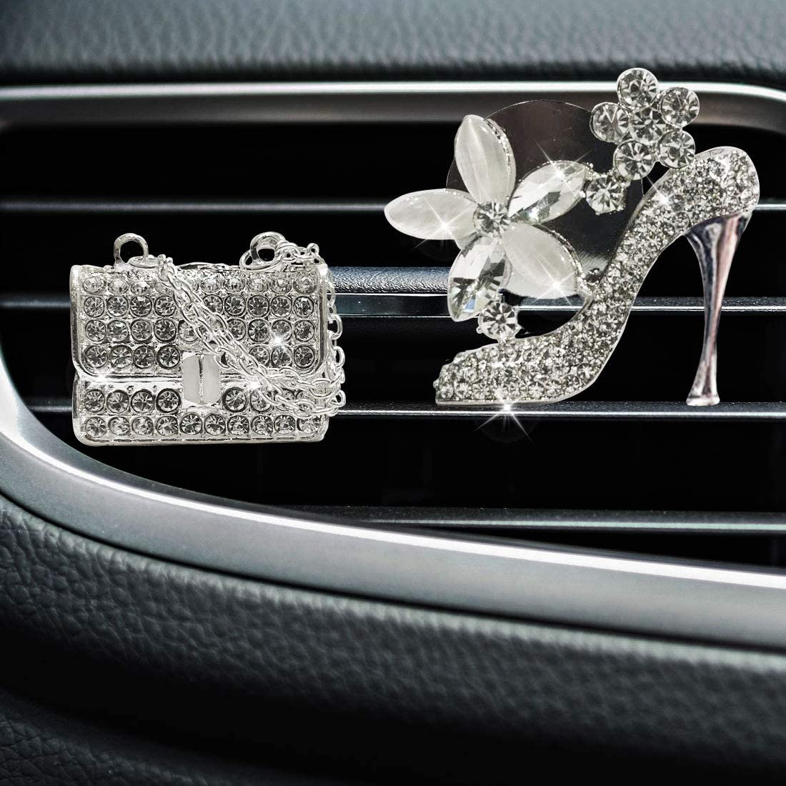 Crystal High Heel Shoe & Magic Bag & Crystal Crown Car Air Vent Clip Charm Sparkly Bedazzled Rhinestone Car Accessories，Car Interior Decoration Charm，Rhinestone Cute Car Decor Girls image number 1
