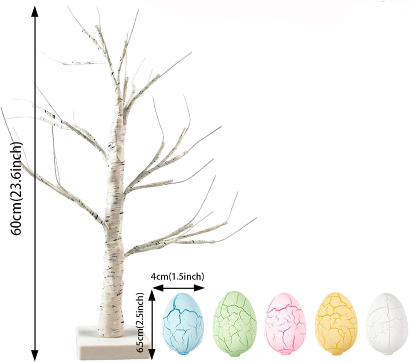 24 Inch Easter Pre-Lit White Birch Tree with Egg Ornaments, 24 Warm White Led Lights Table Centerpiece for Party Home Easter Decorations image number 5