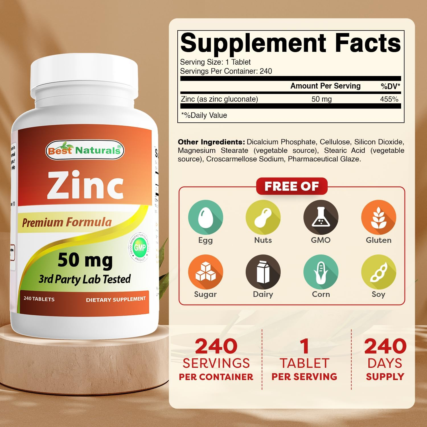Best Naturals Zinc Supplement as Zinc Gluconate 50Mg 240 Tablets - Immune Support image number 1
