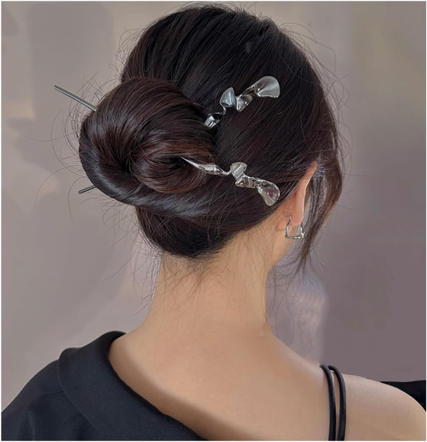 Vintage Metal Hair Sticks for Women - 2 Pack Chinese Minimalist Hair Sticks with Irregular Curves for Bun Hairstyles, Updos & Special Occasions, Durable & Elegant Hair Accessories (Black, Silver) image number 5