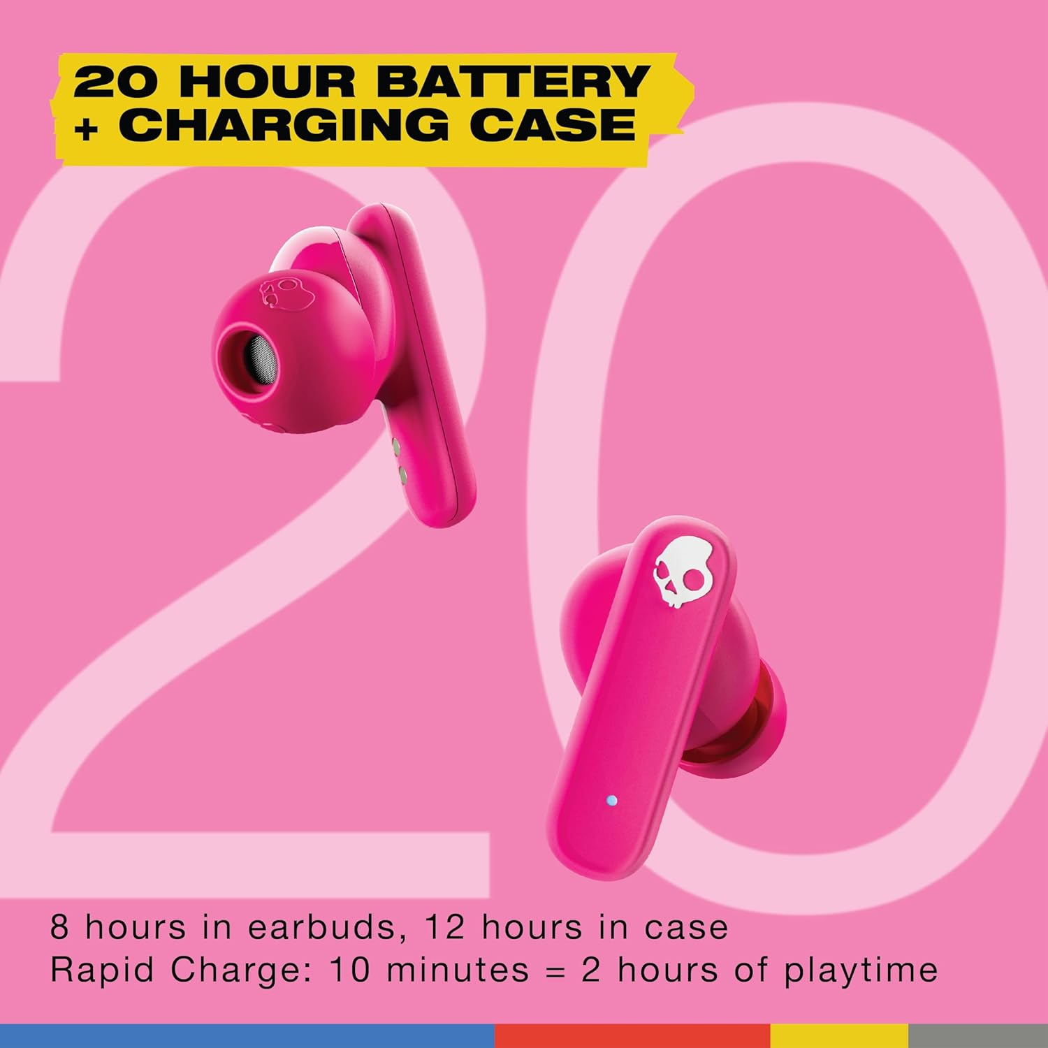 Skullcandy Smokin&rsquo; Buds Wireless Earbuds, Bluetooth Headphones, Noise Isolating Fit, up to 20 Hours Battery, IPX4 Sweat and Water Resistant, Microphone for Iphone Android - Pink image number 3