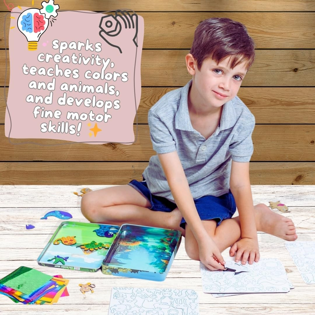 Foil Fun Art Kit for Kids - Reusable Animal Foil Art for Girls & Boys, DIY Mess-Free Girls Craft Kit W/Magnets, Ideal Travel Toy & in Car Activities for Kids Ages 4 5 6 7 8 9 10 11 12 image number 4