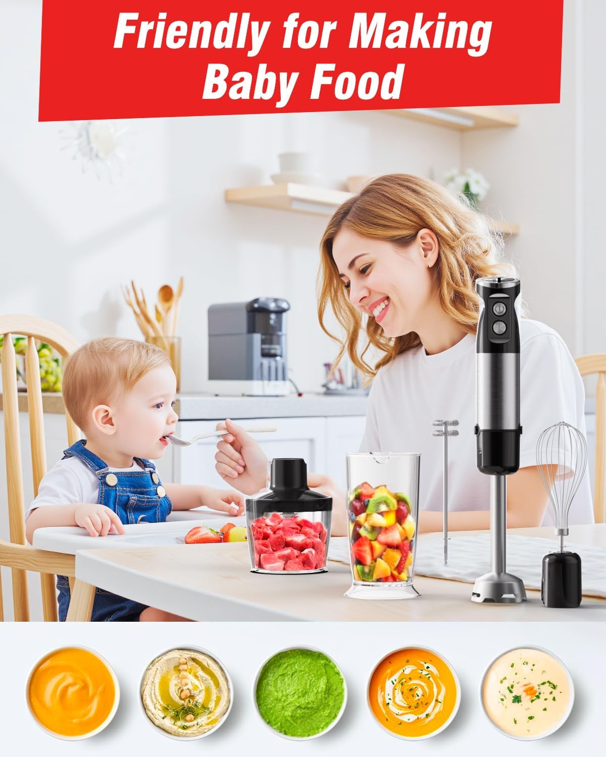 Hand Stick Blender - 1200W Immersion Handheld Blender Set, 5In1 Electric Blender Heavy Duty Motor with 6 Speed Handheld Mixer with 600Ml Mixing Beaker, 500Ml Chopper, Whisk and Milk Frother, Bpa-Free image number 3