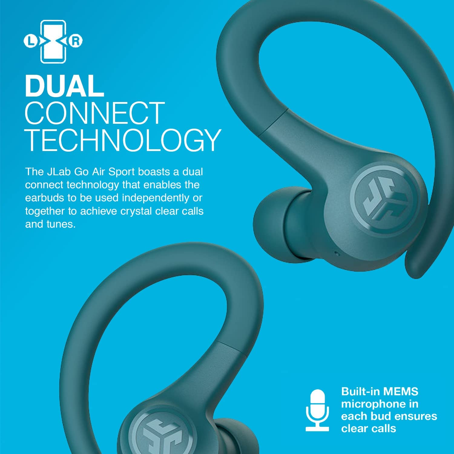 Jlab Go Air Sport, Wireless Workout Earbuds Featuring C3 Clear Calling, Secure Earhook Sport Design, 32+ Hour Bluetooth Playtime, and 3 EQ Sound Settings (Teal)